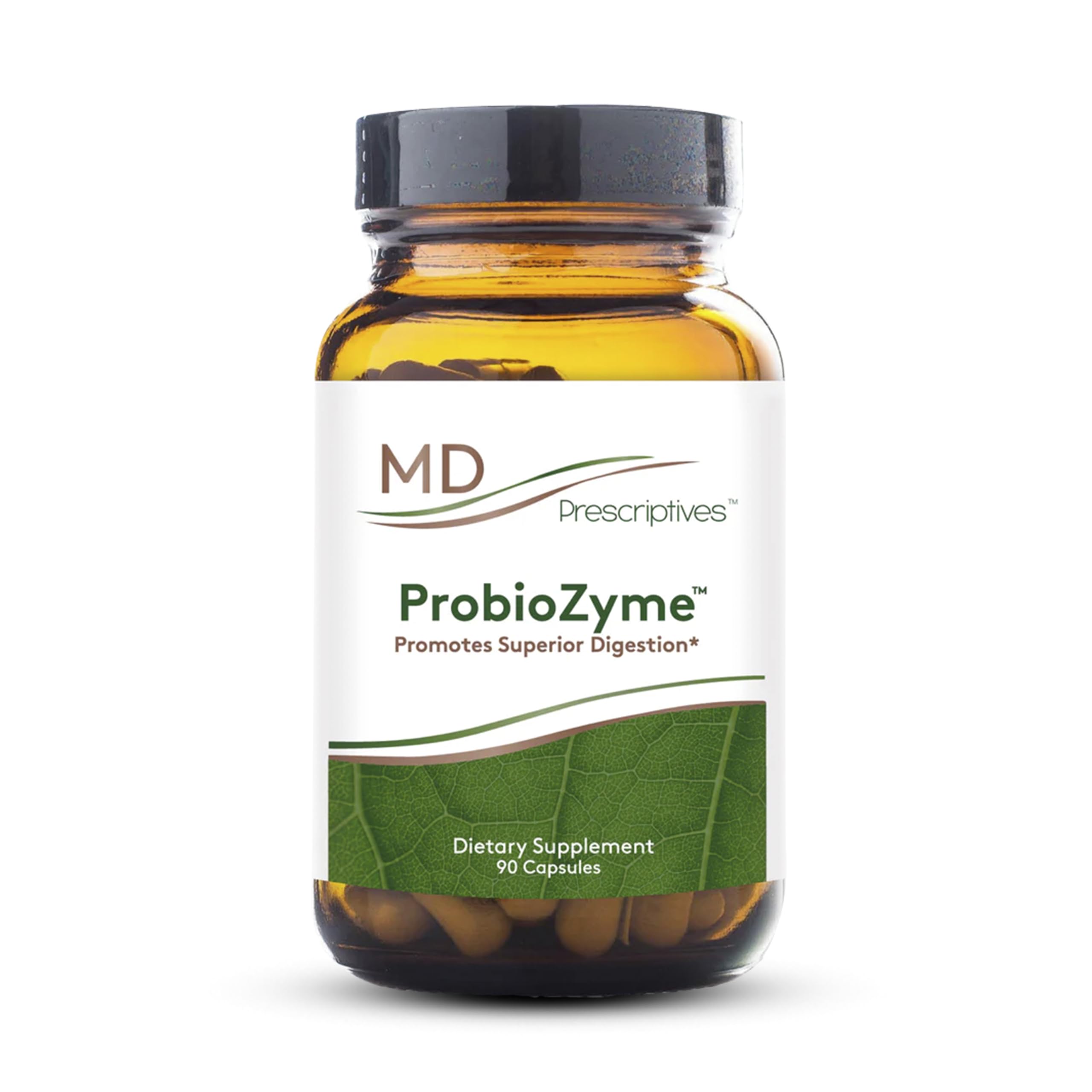 MD Prescriptives ProbioZyme bottle front showing 90 vegetarian capsules for digestive support.