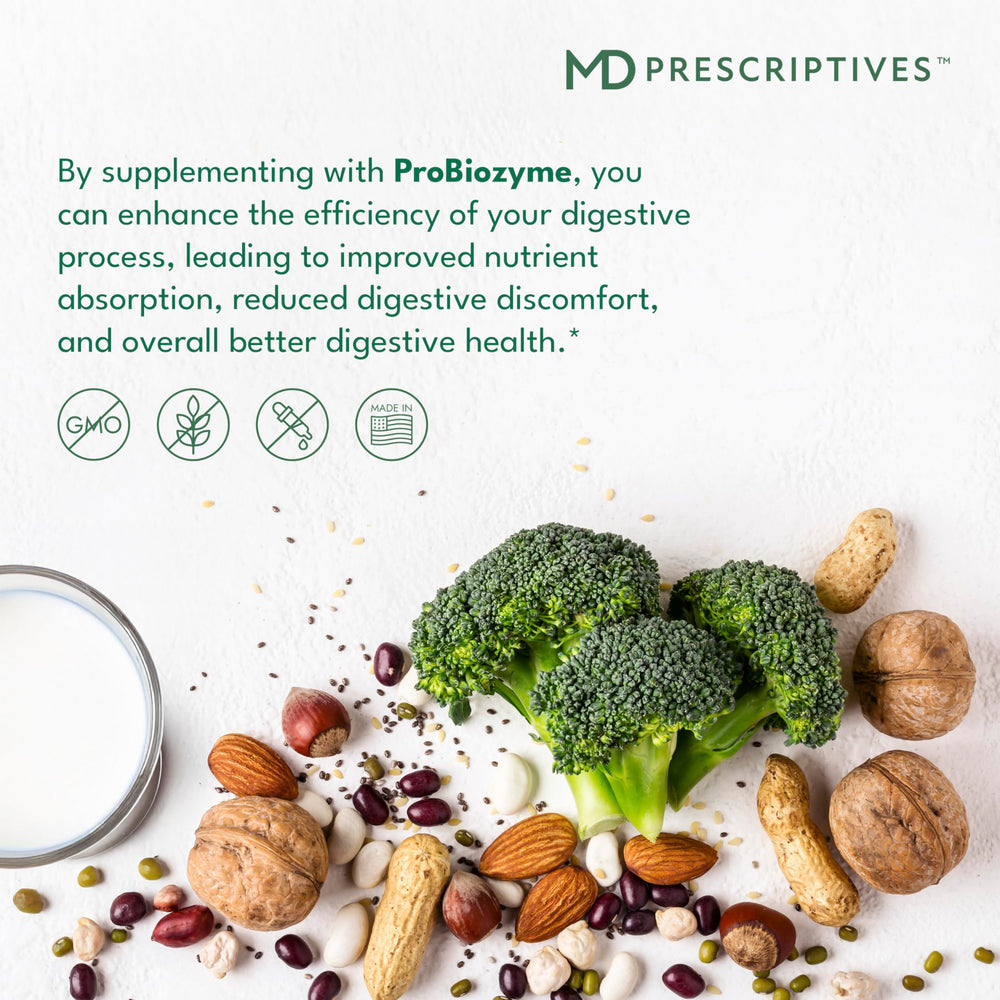 MD Prescriptives ProbioZyme ingredients label reveals probiotic blend and digestive enzymes for daily use.