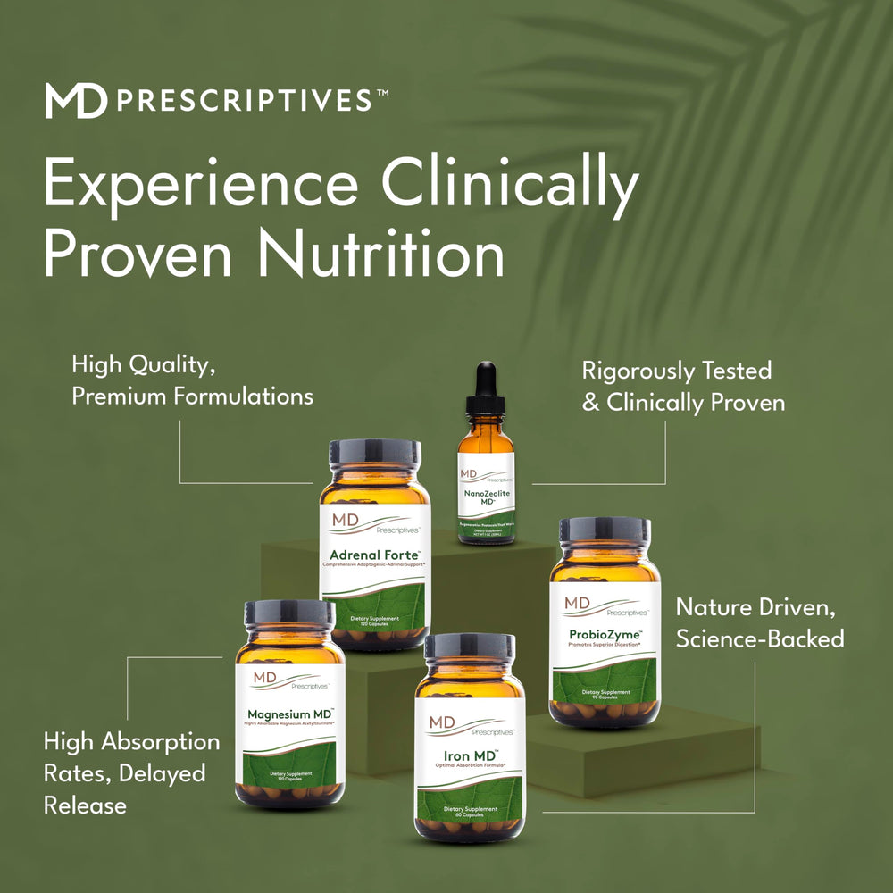 MD Prescriptives ProbioZyme packaging on shelf communicates a premium vegetarian digestive supplement.
