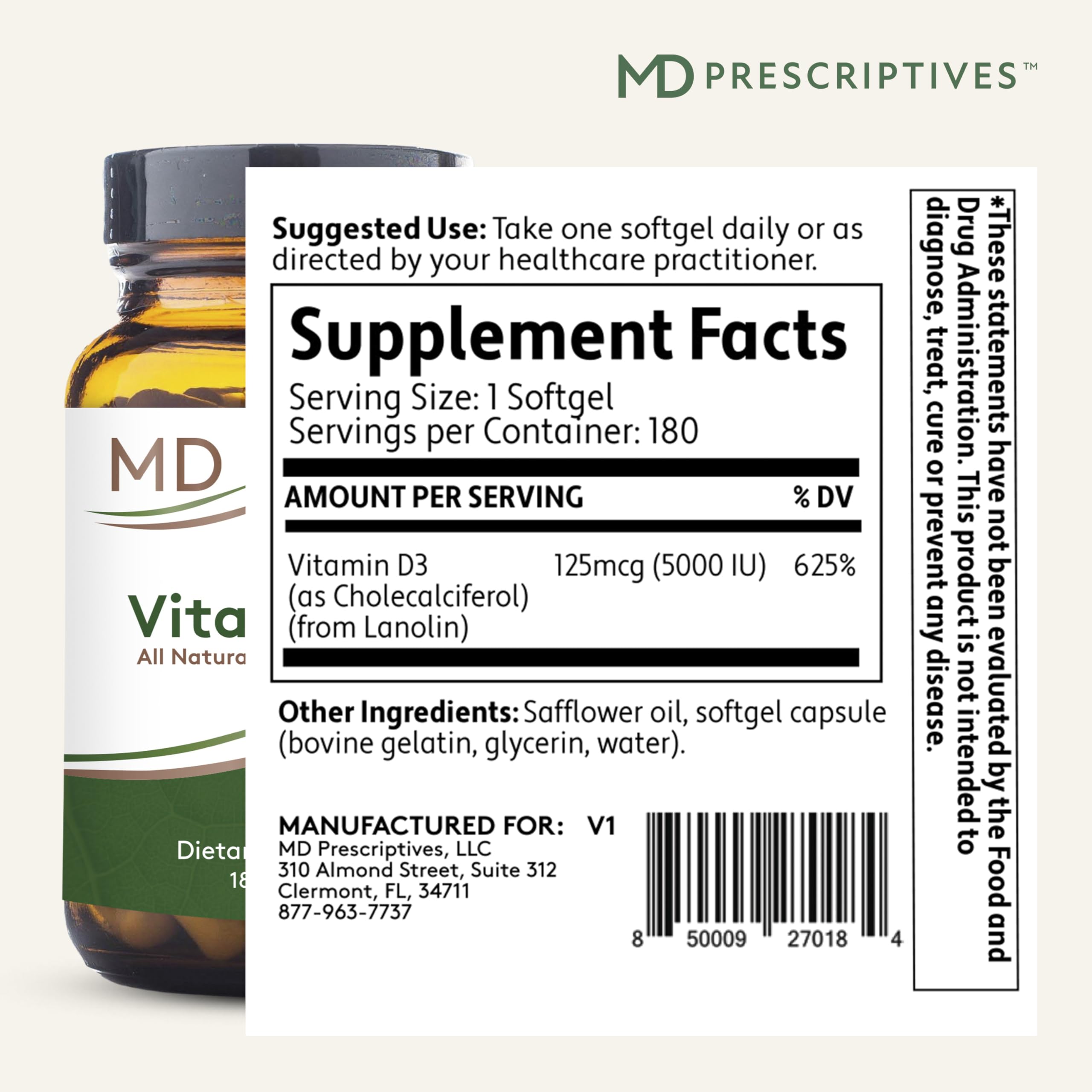 MD Prescriptives Vitamin D3 gelcaps label highlights non GMO and vegetarian softgels.
