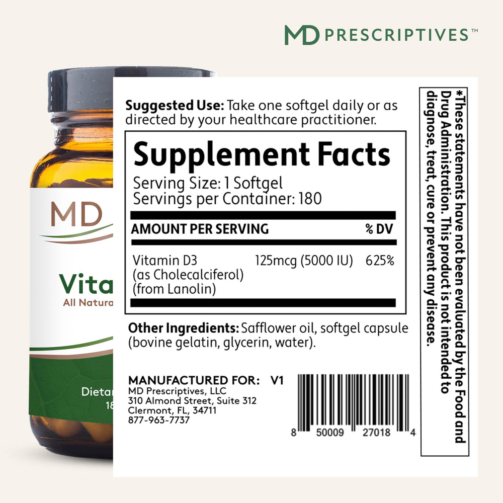 MD Prescriptives Vitamin D3 gelcaps label highlights non GMO and vegetarian softgels.