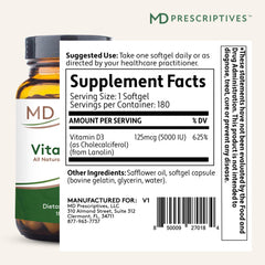 MD Prescriptives Vitamin D3 gelcaps label highlights non GMO and vegetarian softgels.