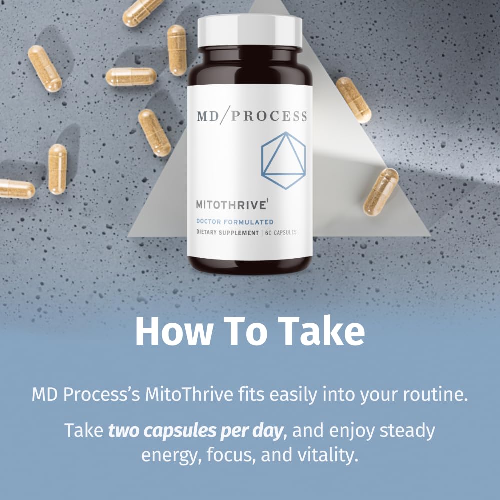 MD Process MitoThrive bottle with glass suggests daily wellness ritual.