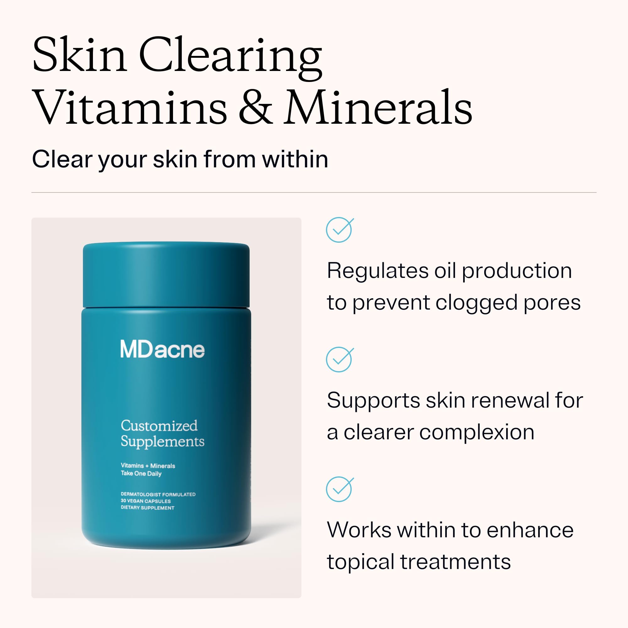 MDacne capsules closeup highlighting vegan formula for balanced skin