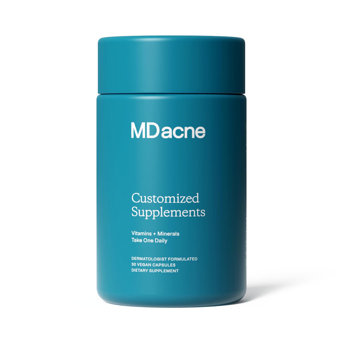 MDacne skin clearing vitamins bottle showing 30 capsules for daily skin support