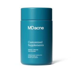 MDacne skin clearing vitamins bottle showing 30 capsules for daily skin support