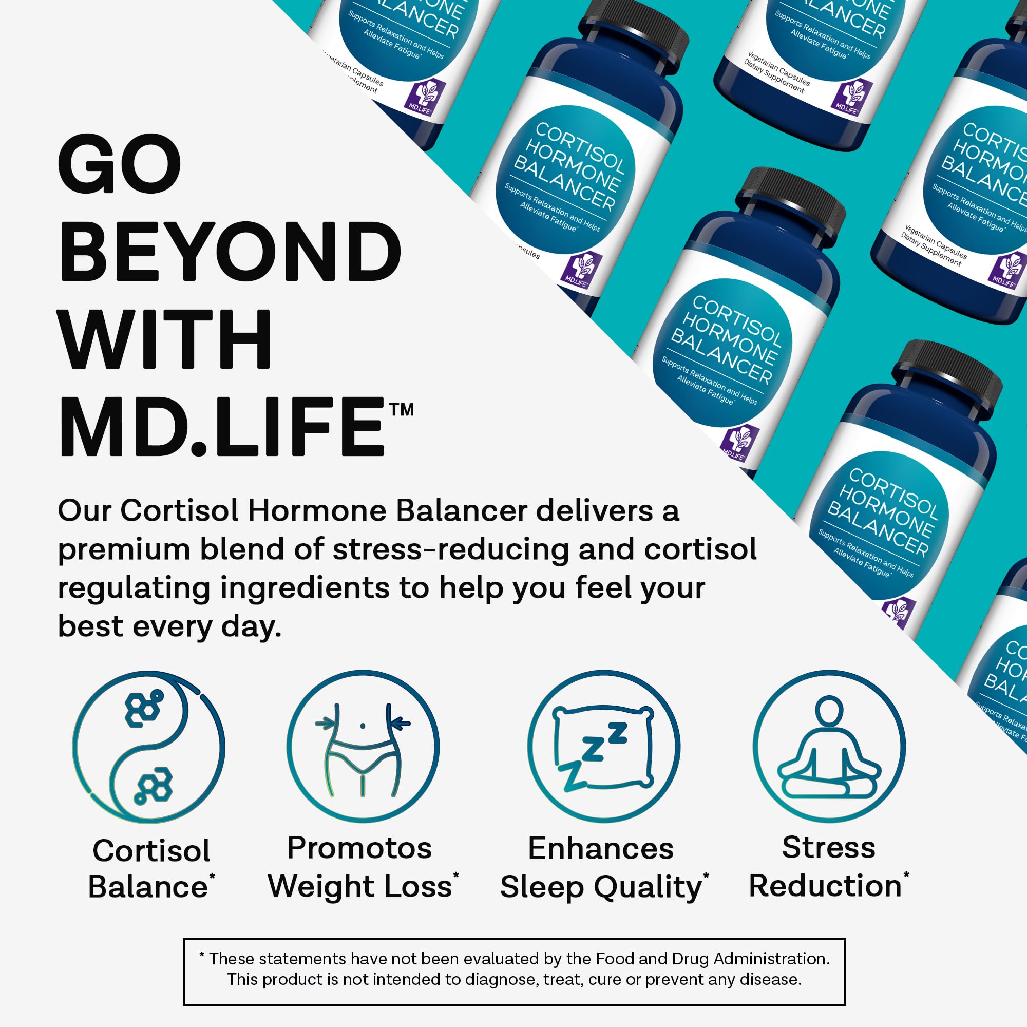 MD Life Cortisol Supplements bottle and label highlight vegan non GMO ingredients for wellness.