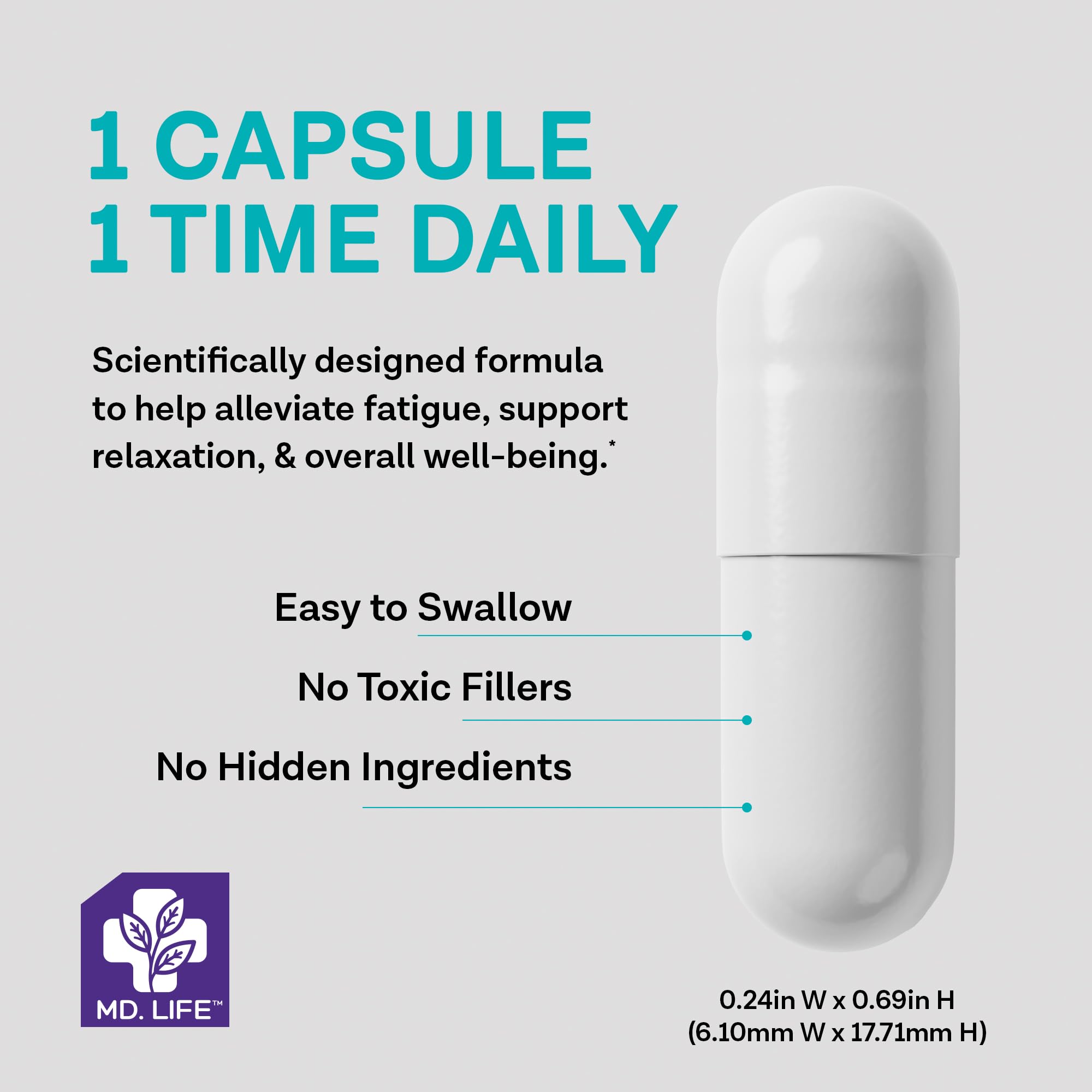 MD Life Cortisol Supplements capsules close up showing vegan formula for daily stress support.