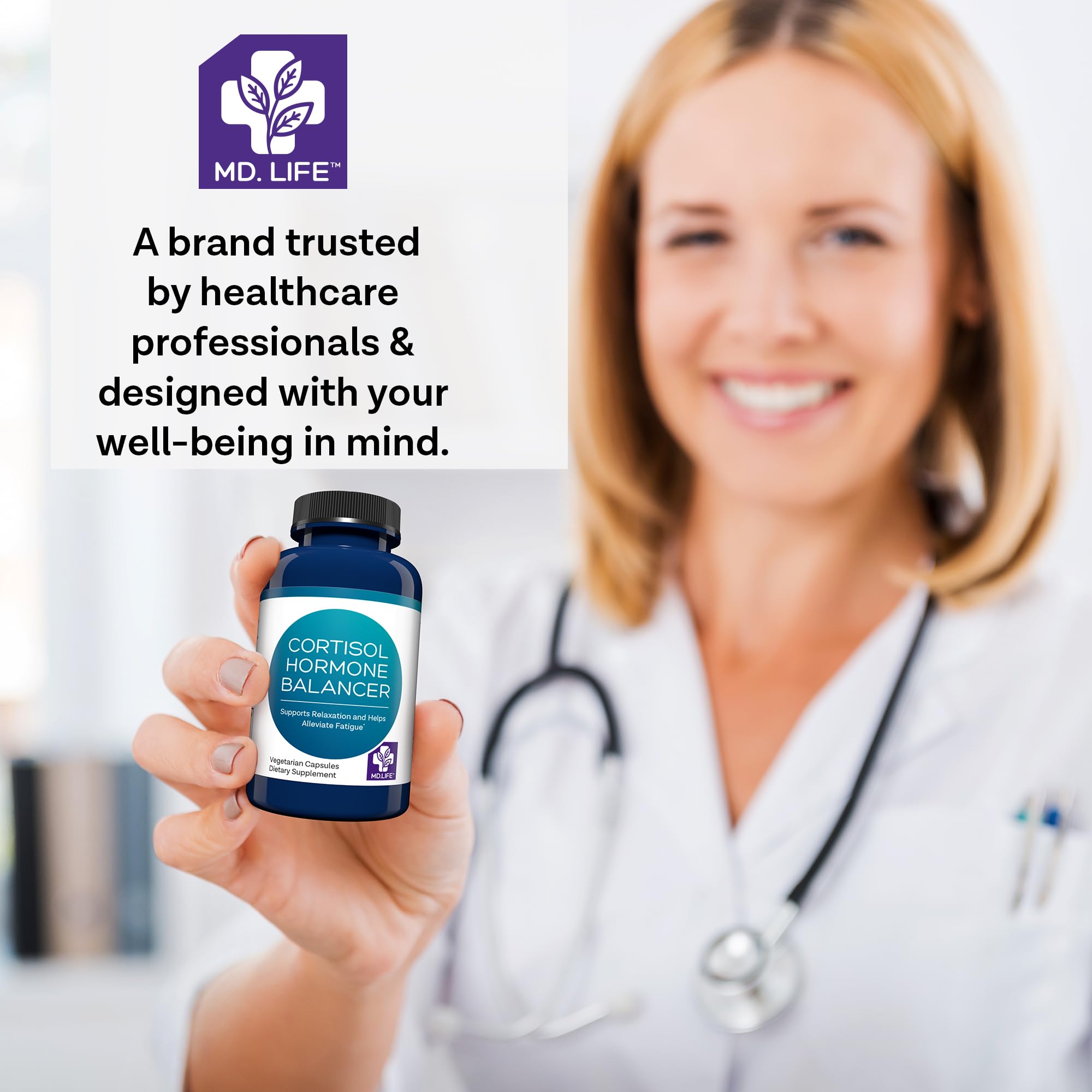MD Life Cortisol Supplements packaging open view ready for daily use.