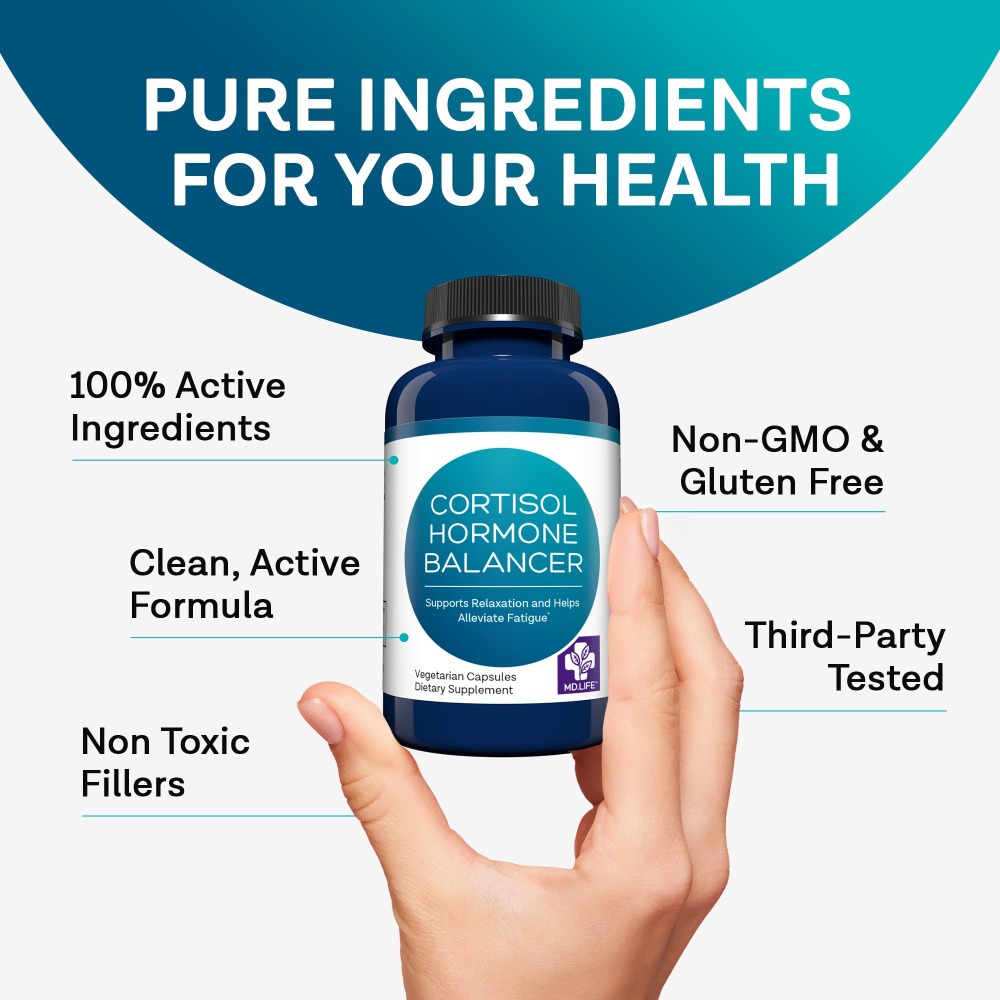 MD Life Cortisol Supplements vegan non GMO badge on label.