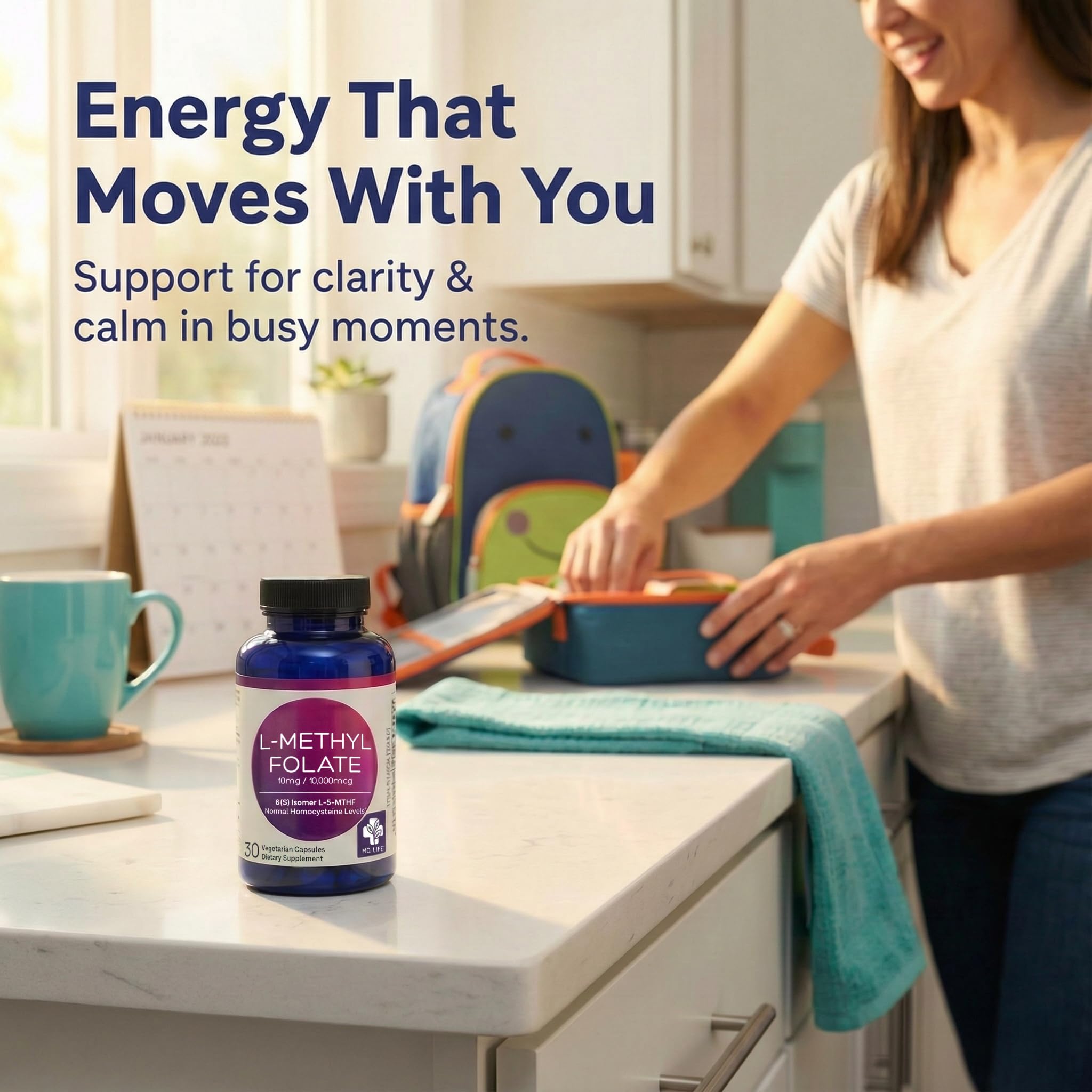 MD.LIFE L-Methylfolate on desk with water for routine
