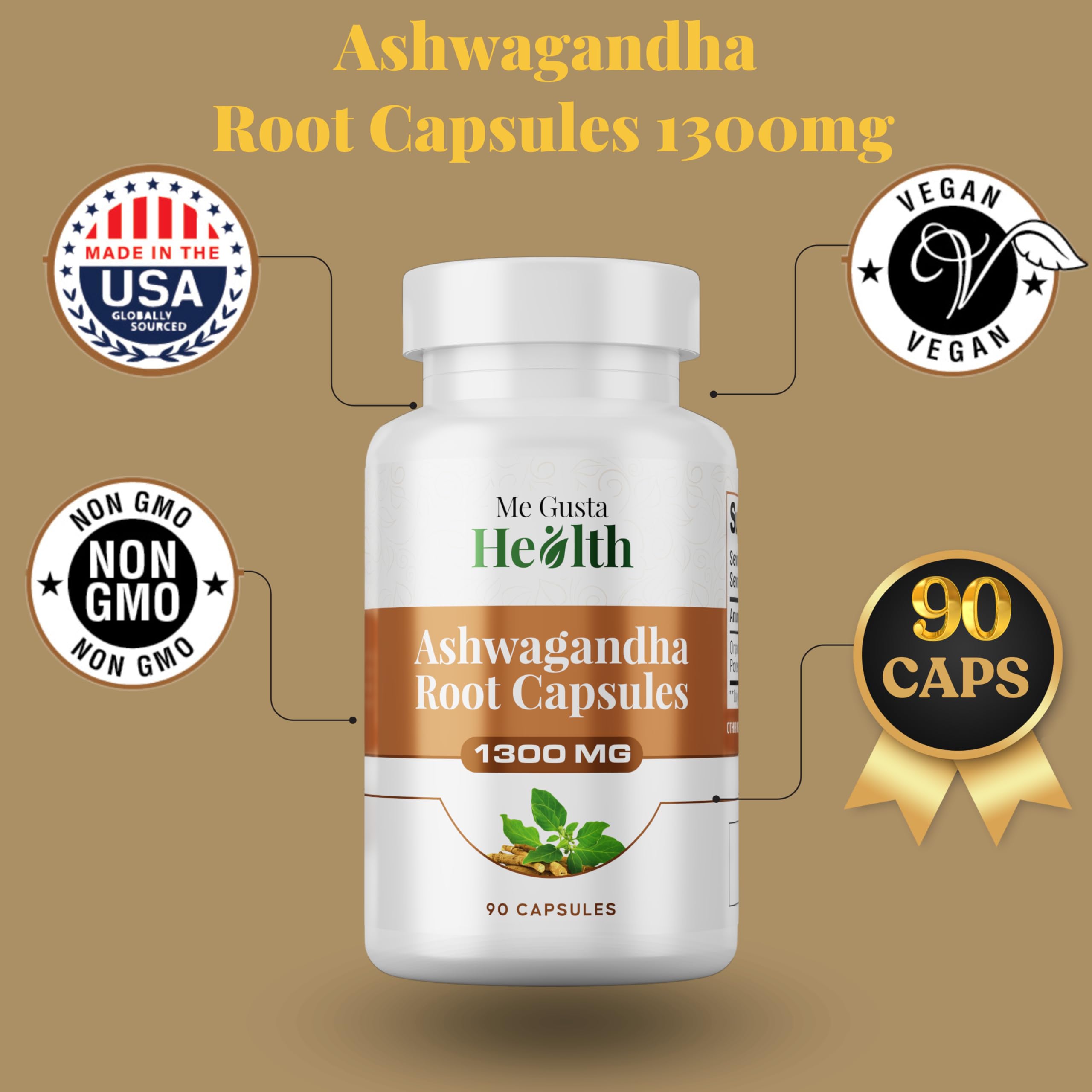 Close-up of ME GUSTA HEALTH Ashwagandha capsules emphasizing vegan, non-GMO formula
