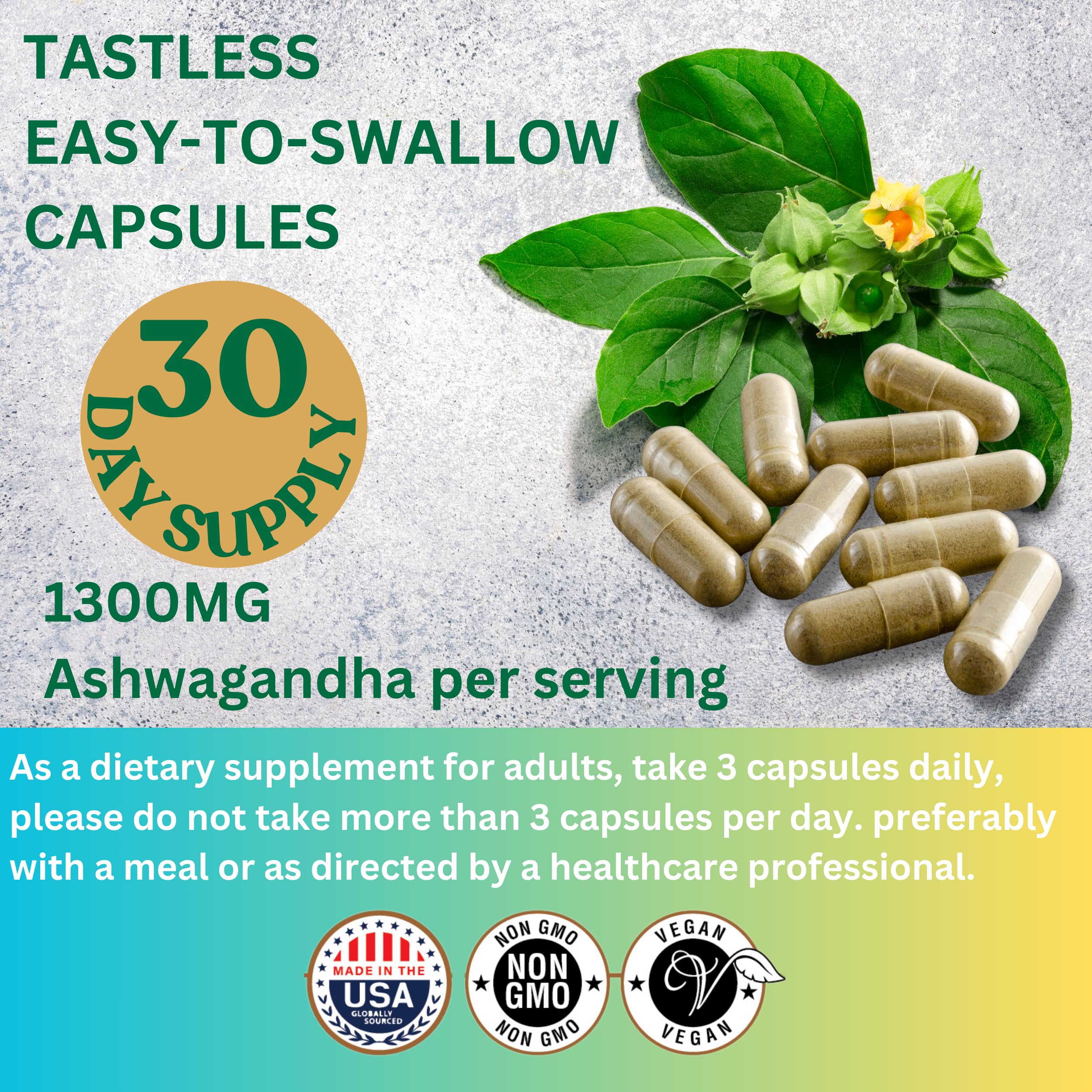 USA-made ME GUSTA HEALTH Ashwagandha capsule bottle label emphasising quality