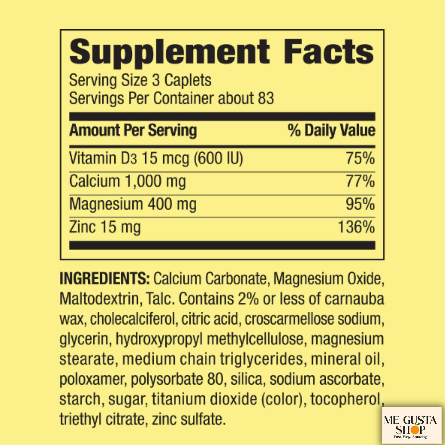 Spring Valley calcium magnesium zinc D3 caplets close-up showing minerals