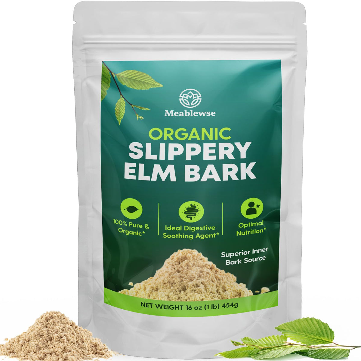 Meablewse polvo ulmo-resbaladizo, bolsa 454 g, fuente natural para la garganta