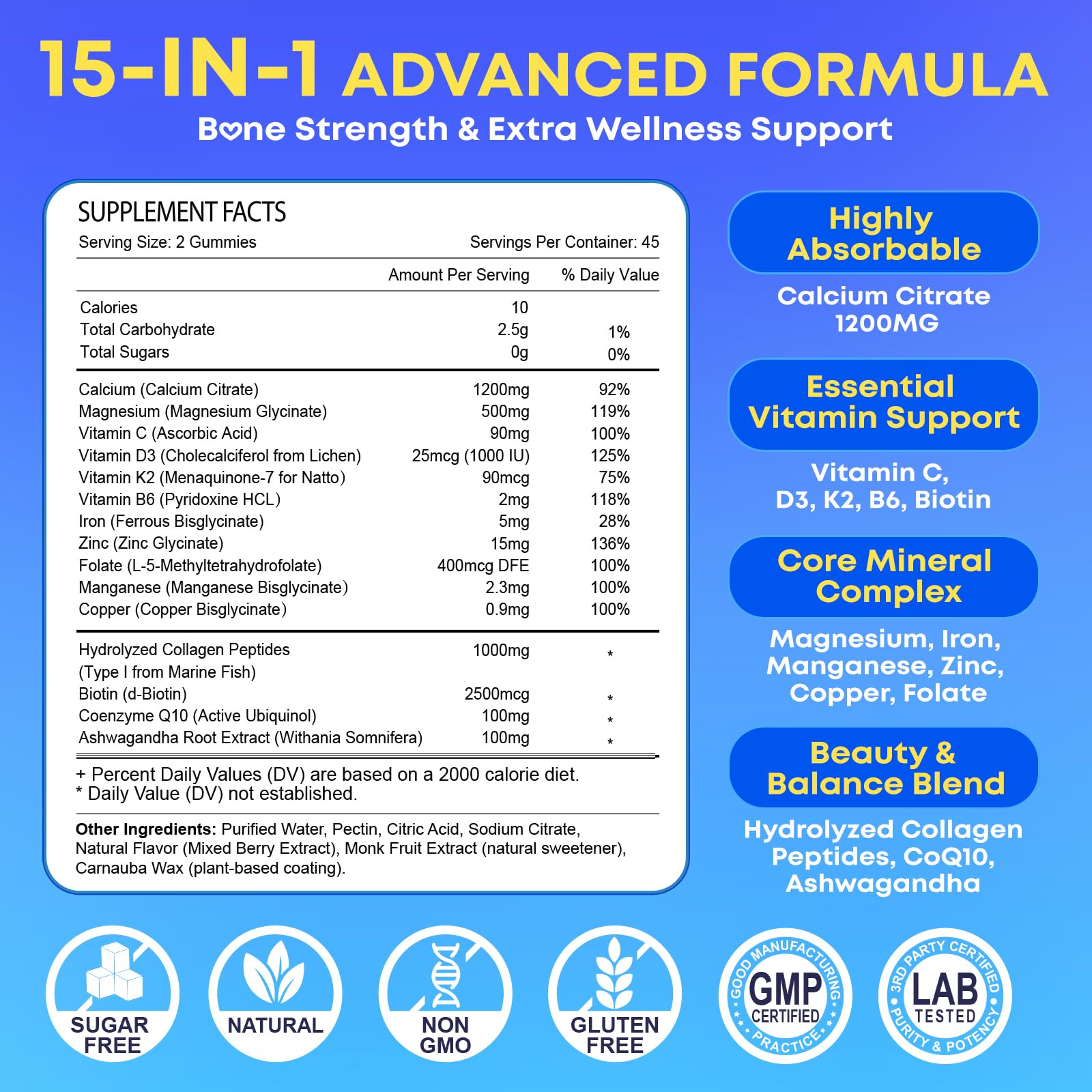Meceilays calcium citrate gummies ingredient label with D3 K2 Mg and Zn