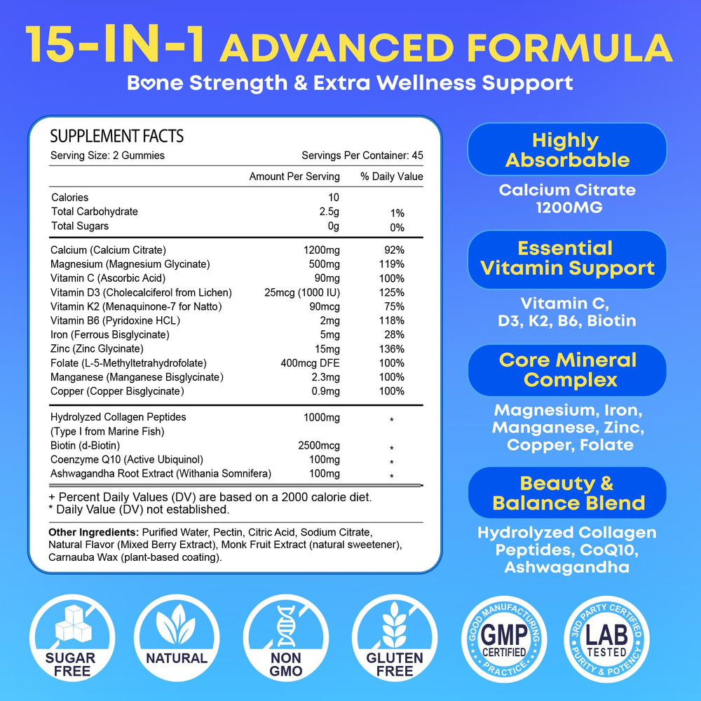Meceilays calcium citrate gummies ingredient label with D3 K2 Mg and Zn