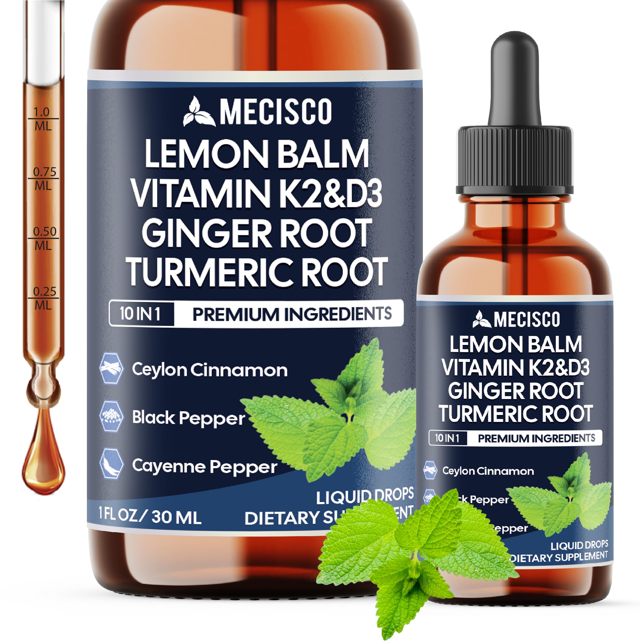 Mecisco 10in1 Lemon Balm liquid drops bottle supporting daily digestion and calmer mood.