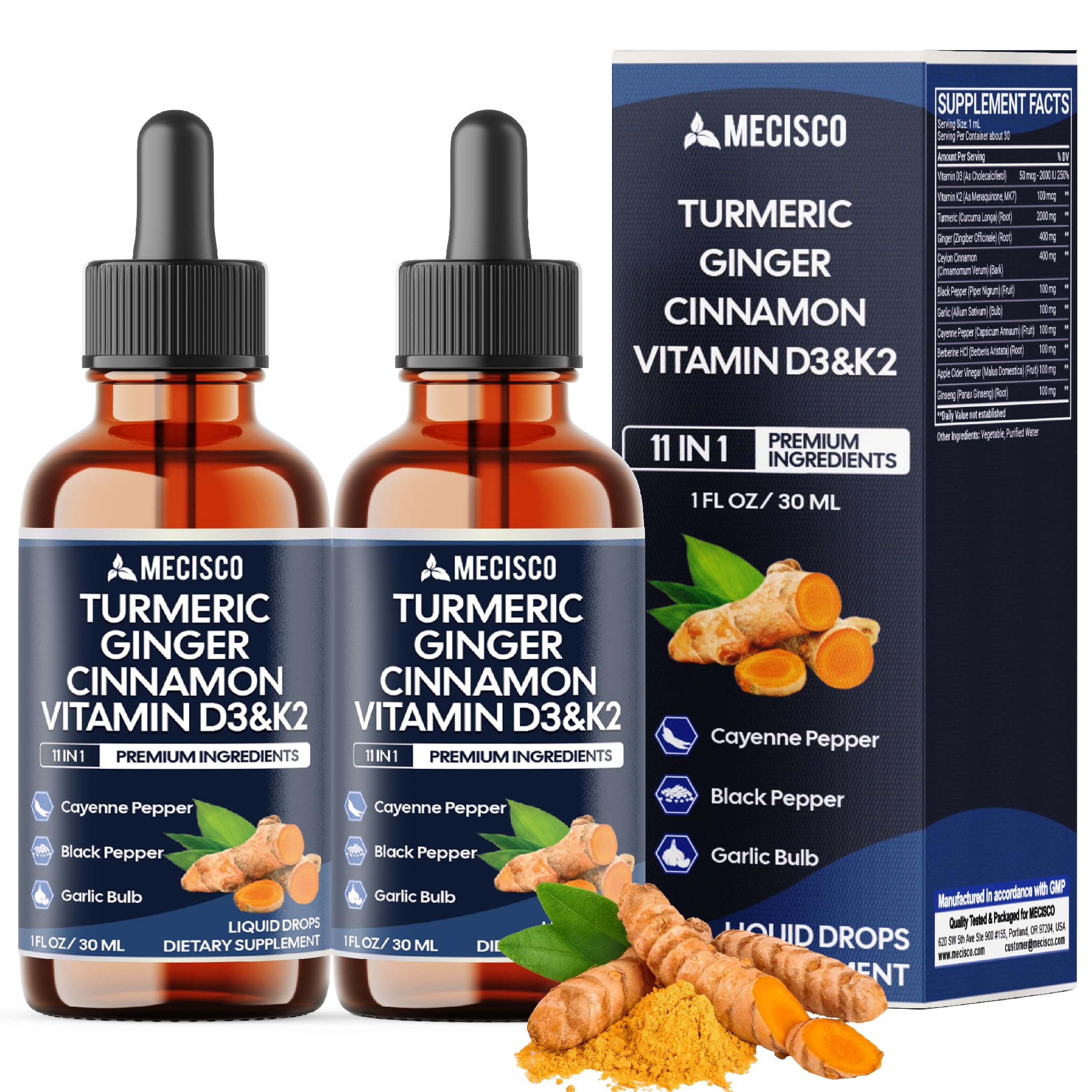 Mecisco 11in1 turmeric liquid bottle pour for easy daily wellness support.