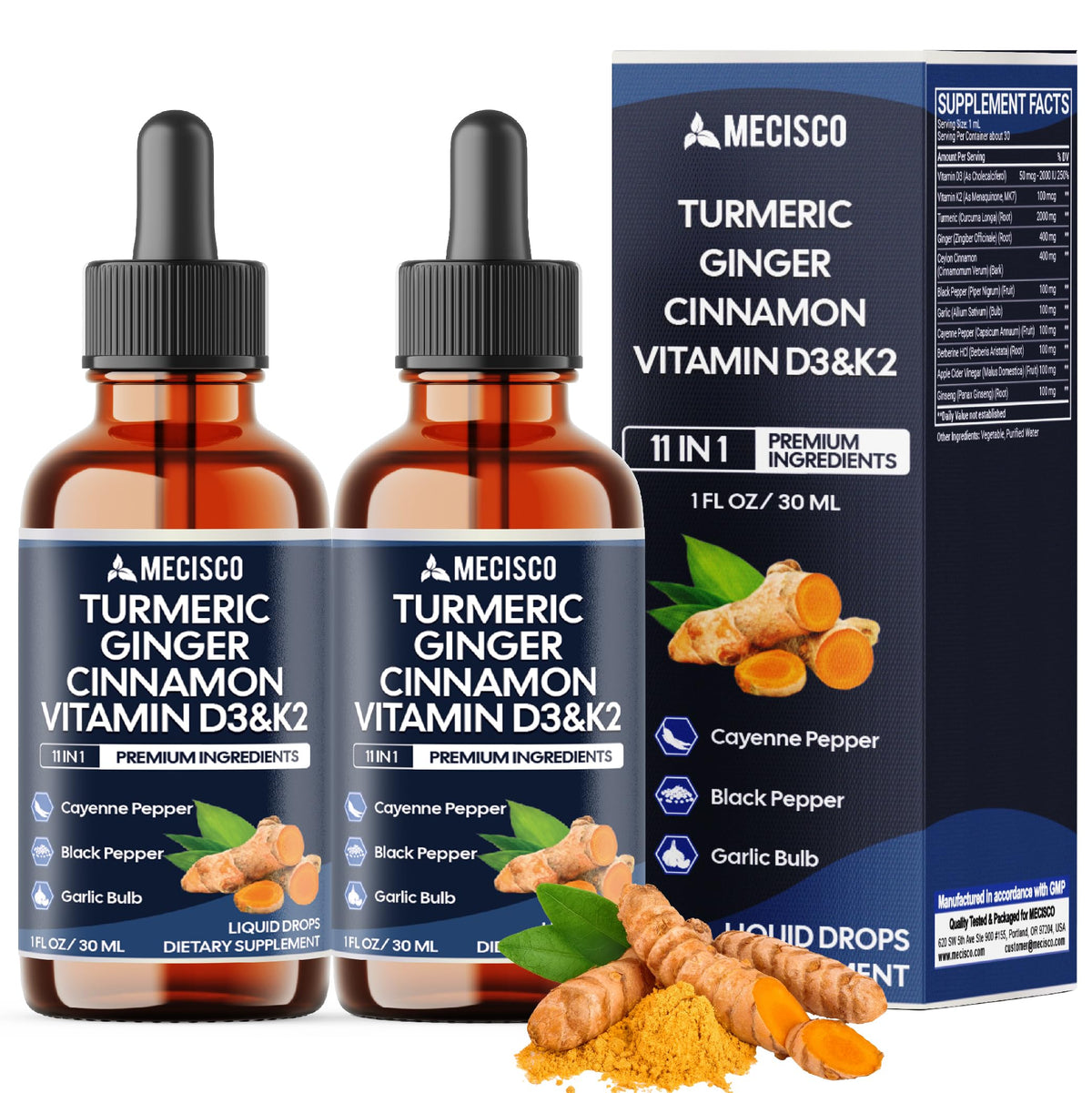 Mecisco 11in1 turmeric liquid bottle pour for easy daily wellness support.