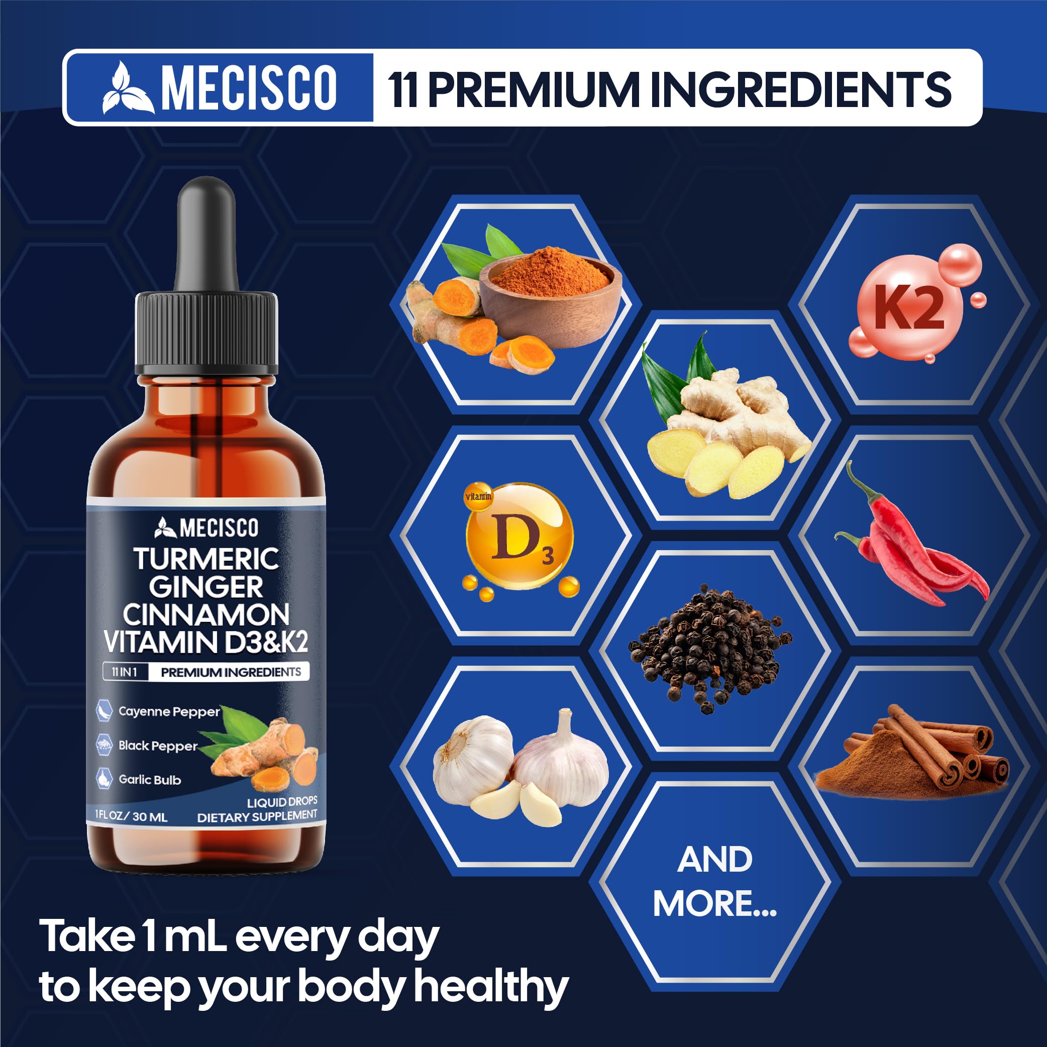 Mecisco 11in1 turmeric liquid ingredients closeup highlighting the blend