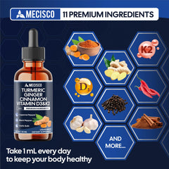 Mecisco 11in1 turmeric liquid ingredients closeup highlighting the blend