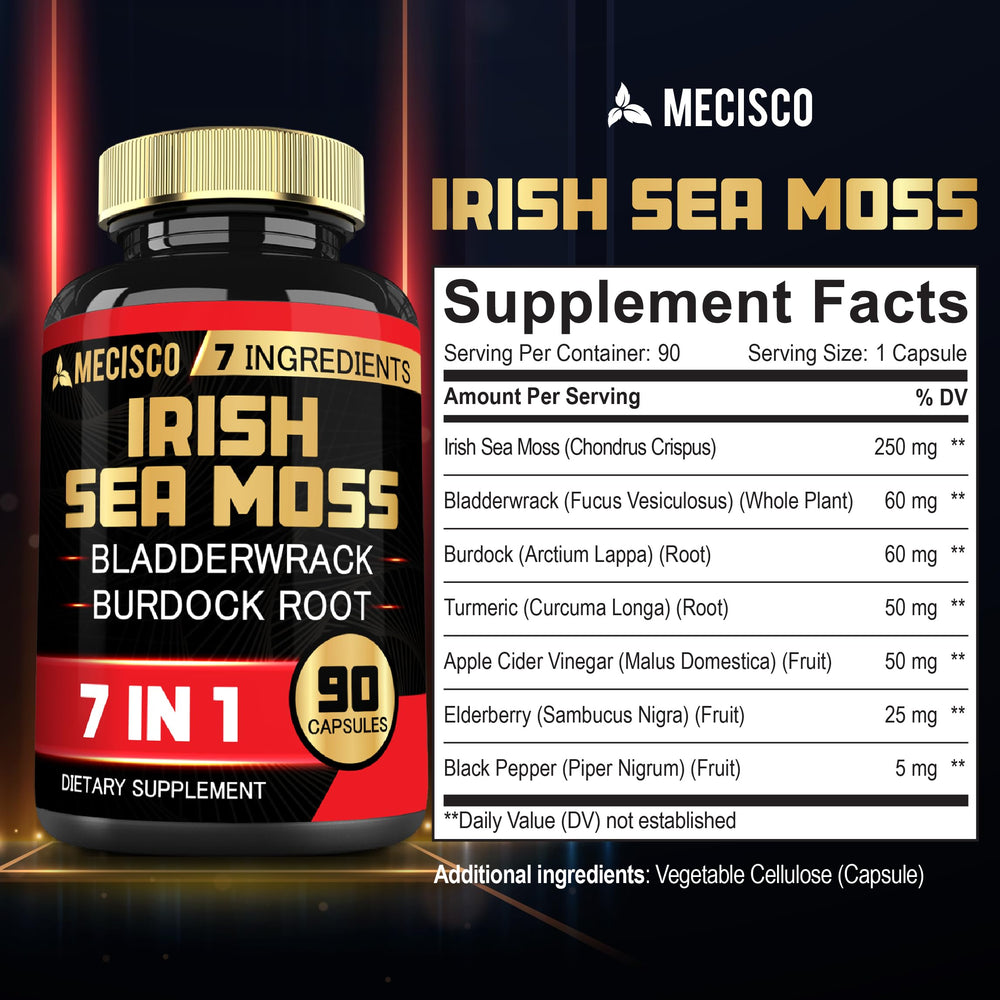 Mecisco bottle label highlights seven-herb sea moss blend