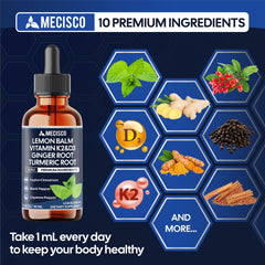 Mecisco ingredients panel featuring lemon balm, ginger, turmeric for a balanced routine.