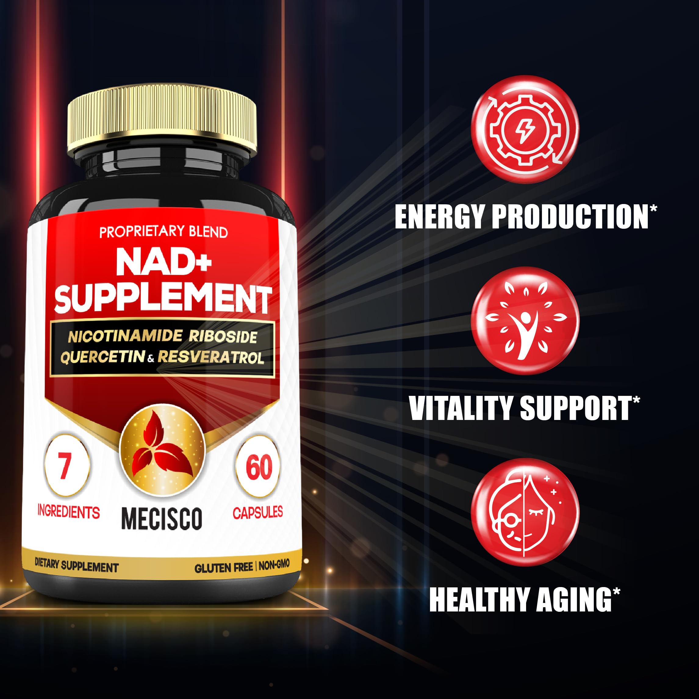 Mecisco NAD+ bottle back label highlights ingredients for informed daily use.