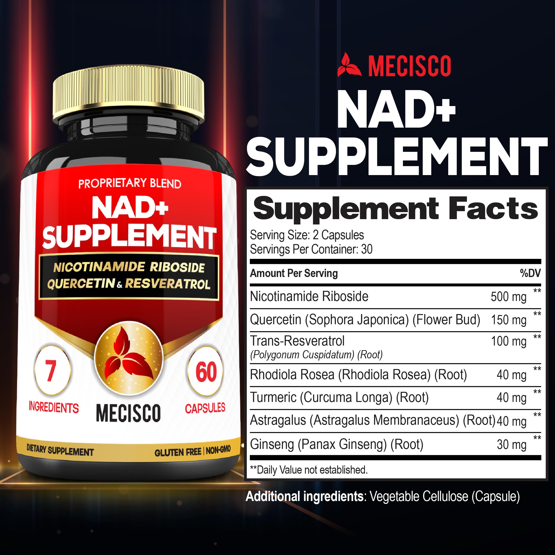 Mecisco NAD+ bottle front showcases a simple daily routine option.