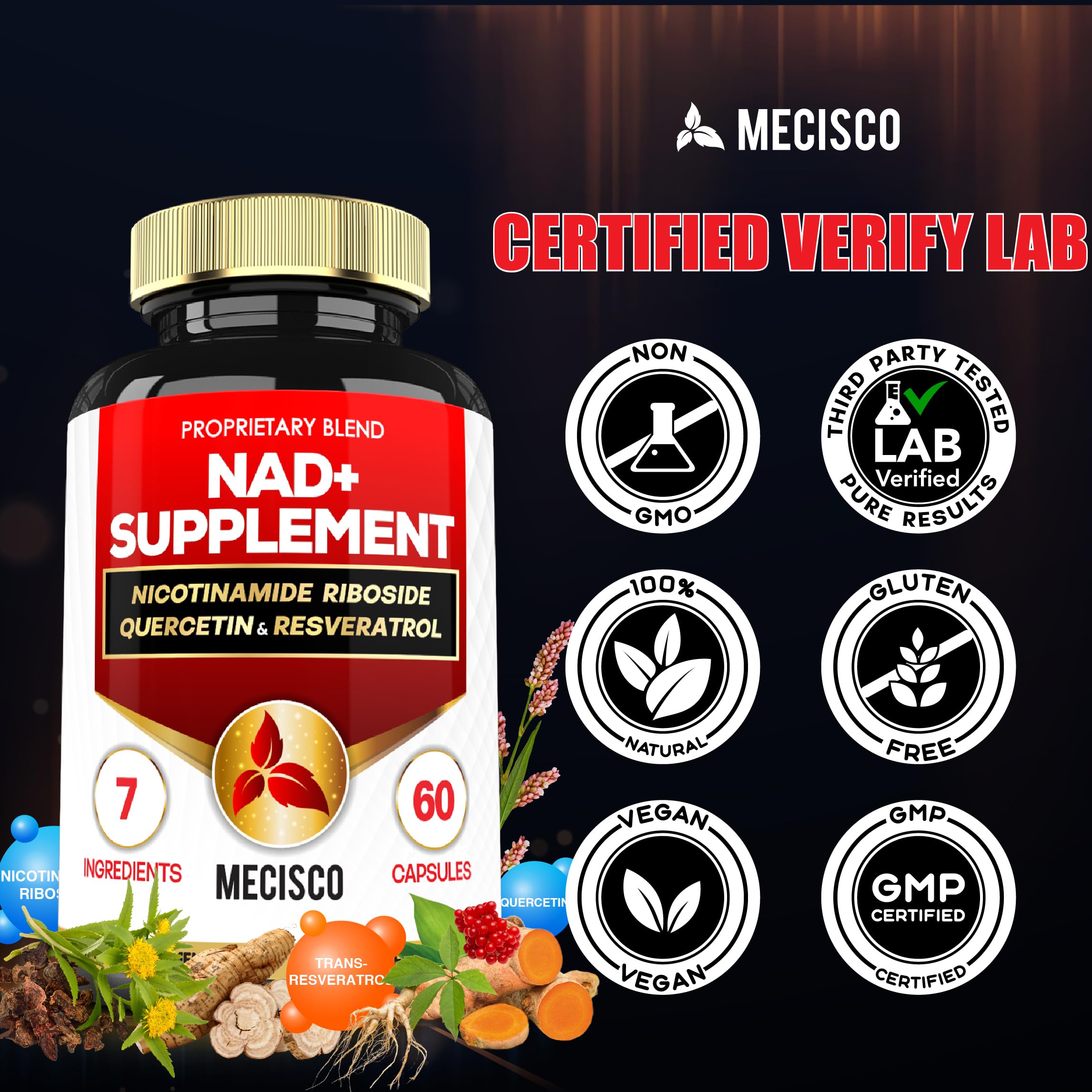 Mecisco NAD+ capsules on white surface for easy stacking.