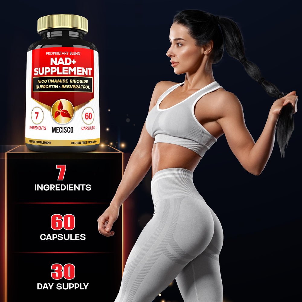 Mecisco NAD+ ingredients graphic listing NR, quercetin, resveratrol.