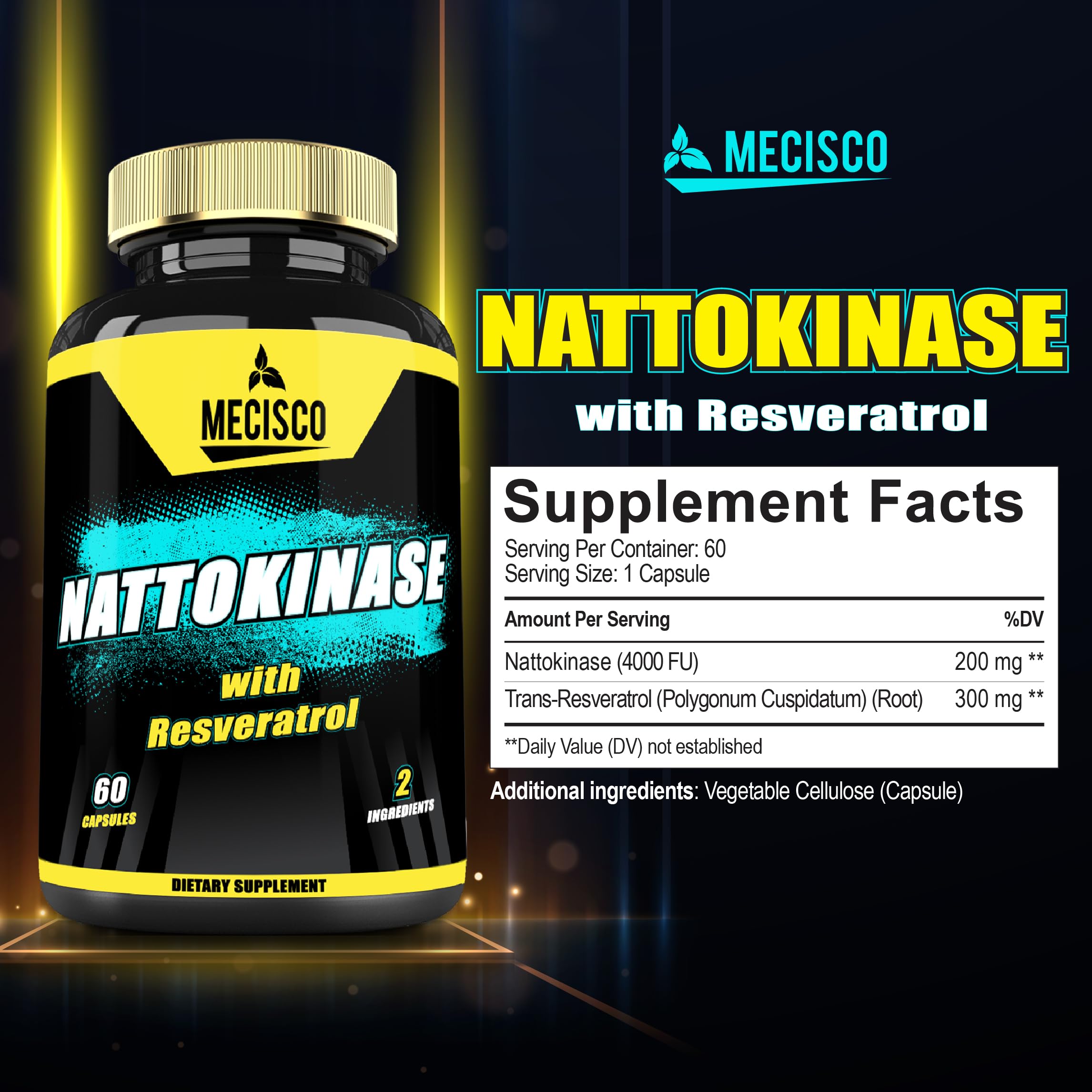 Mecisco Nattokinase capsules closeup highlights 3200 mg per serving.