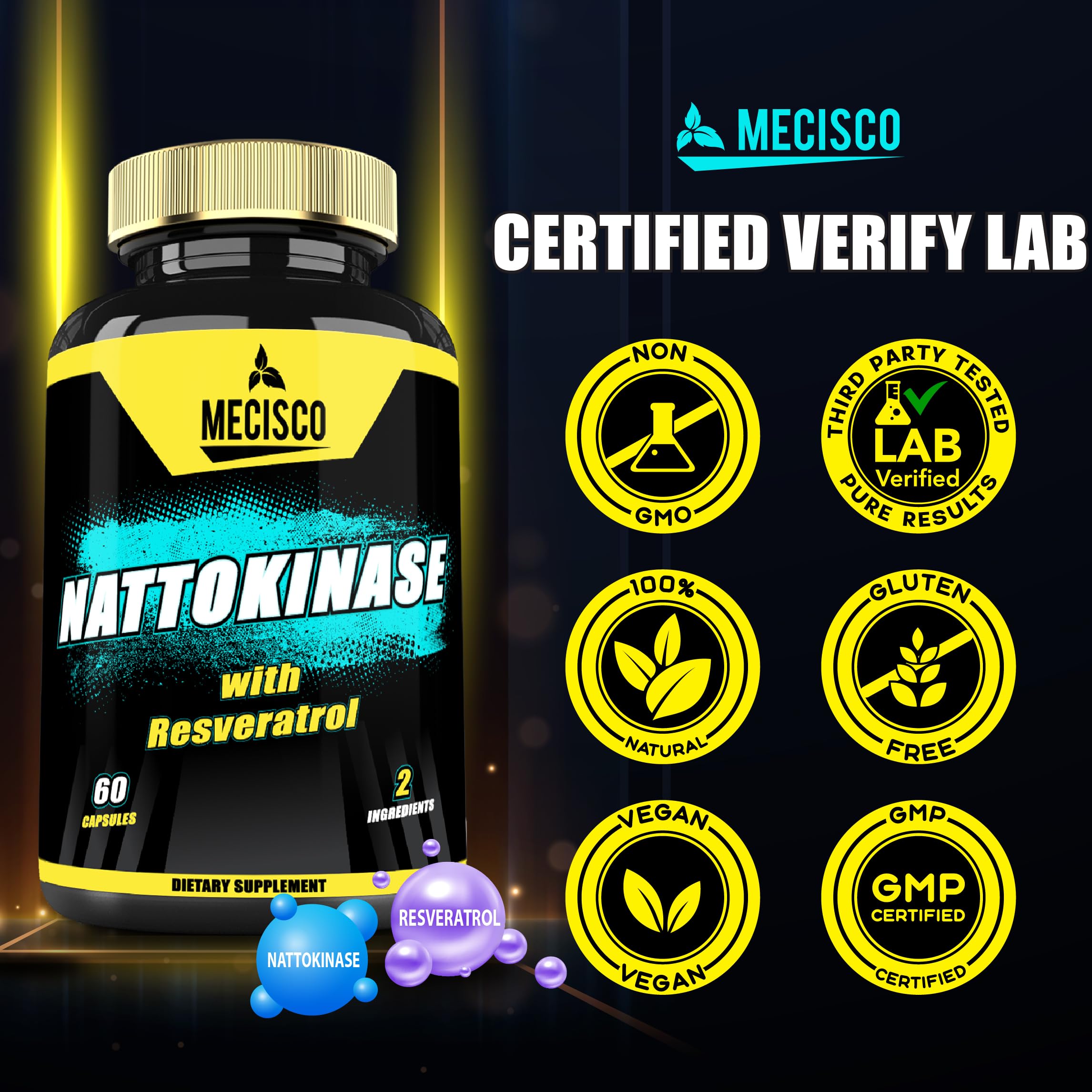 Mecisco Nattokinase serving bottle demonstrates a two-month supply.