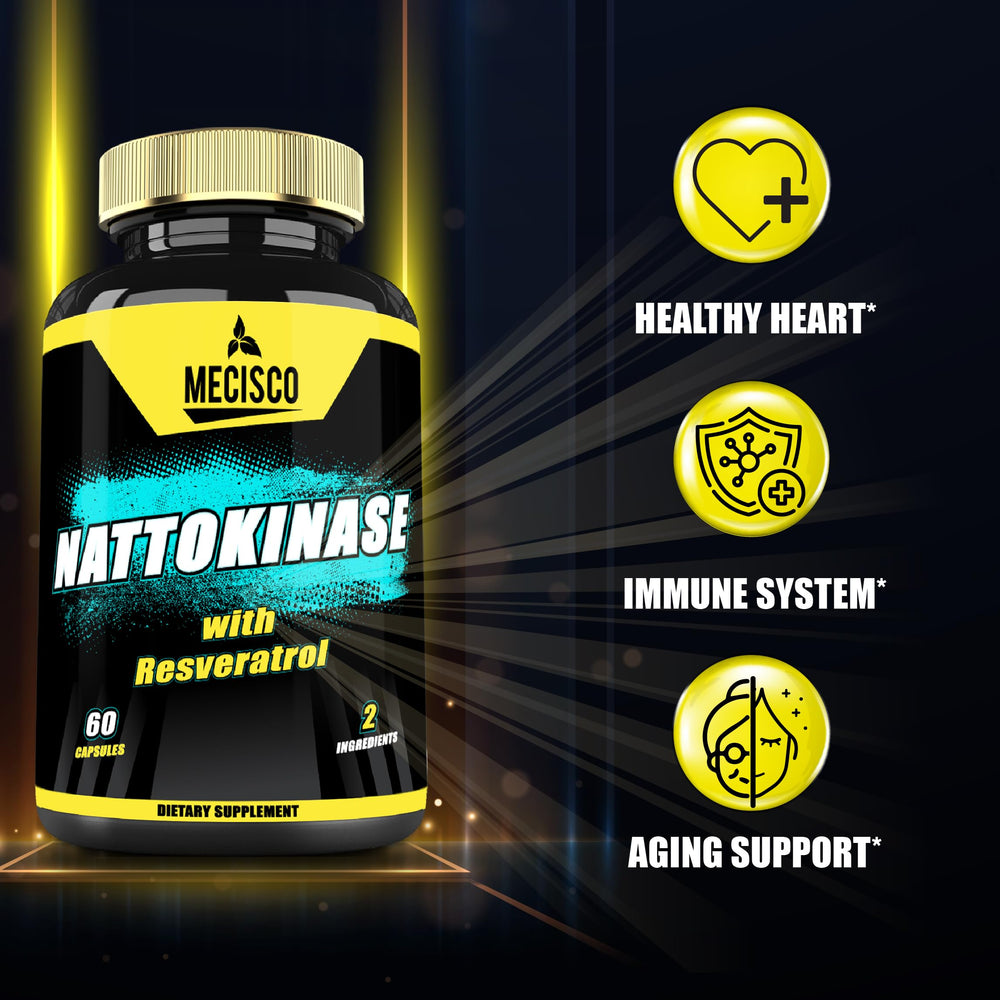 Mecisco Nattokinase Trans-Resveratrol bottle emphasizes non-GMO, gluten-free options.