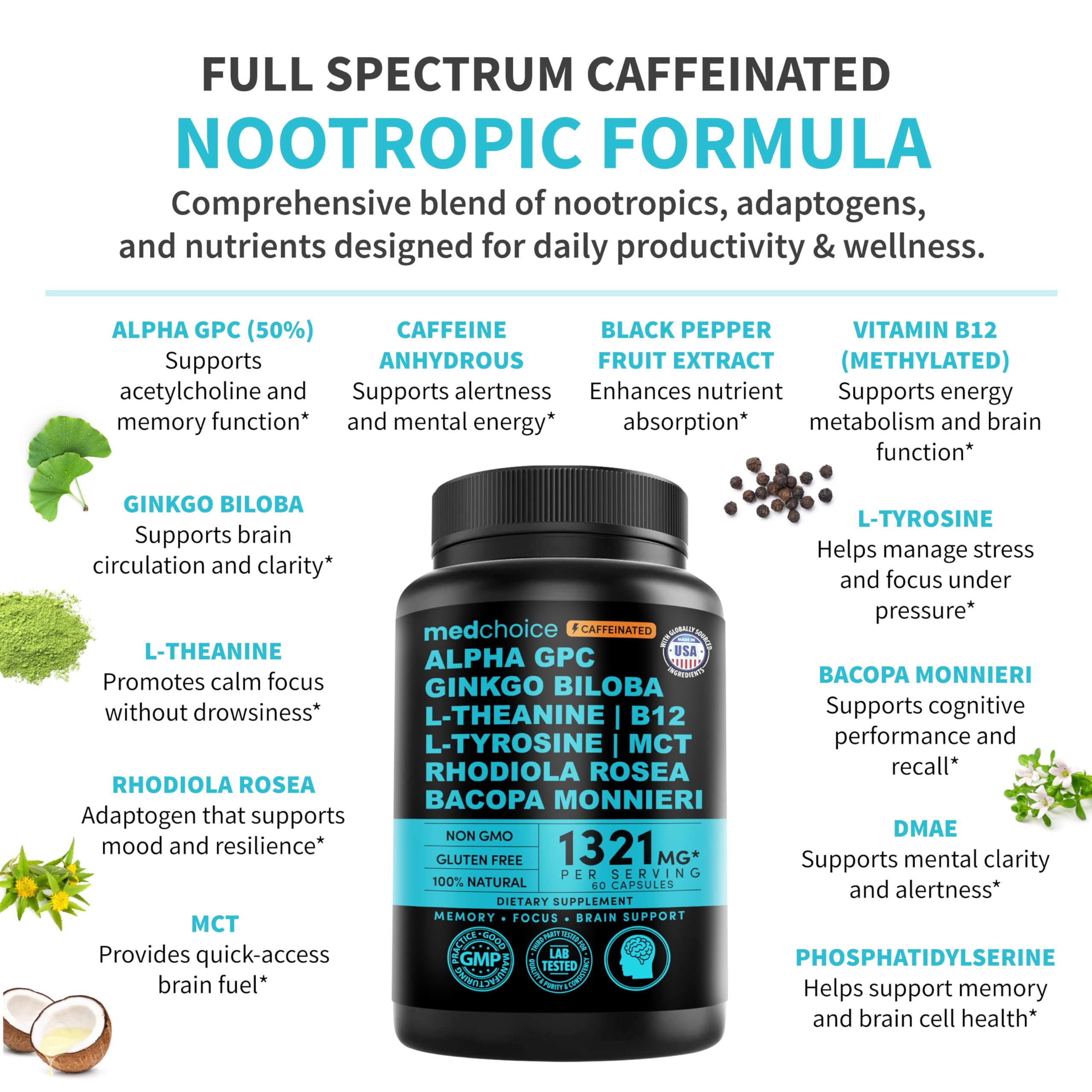 MEDCHOICE vegan gluten-free brain support packaging front for professionals.