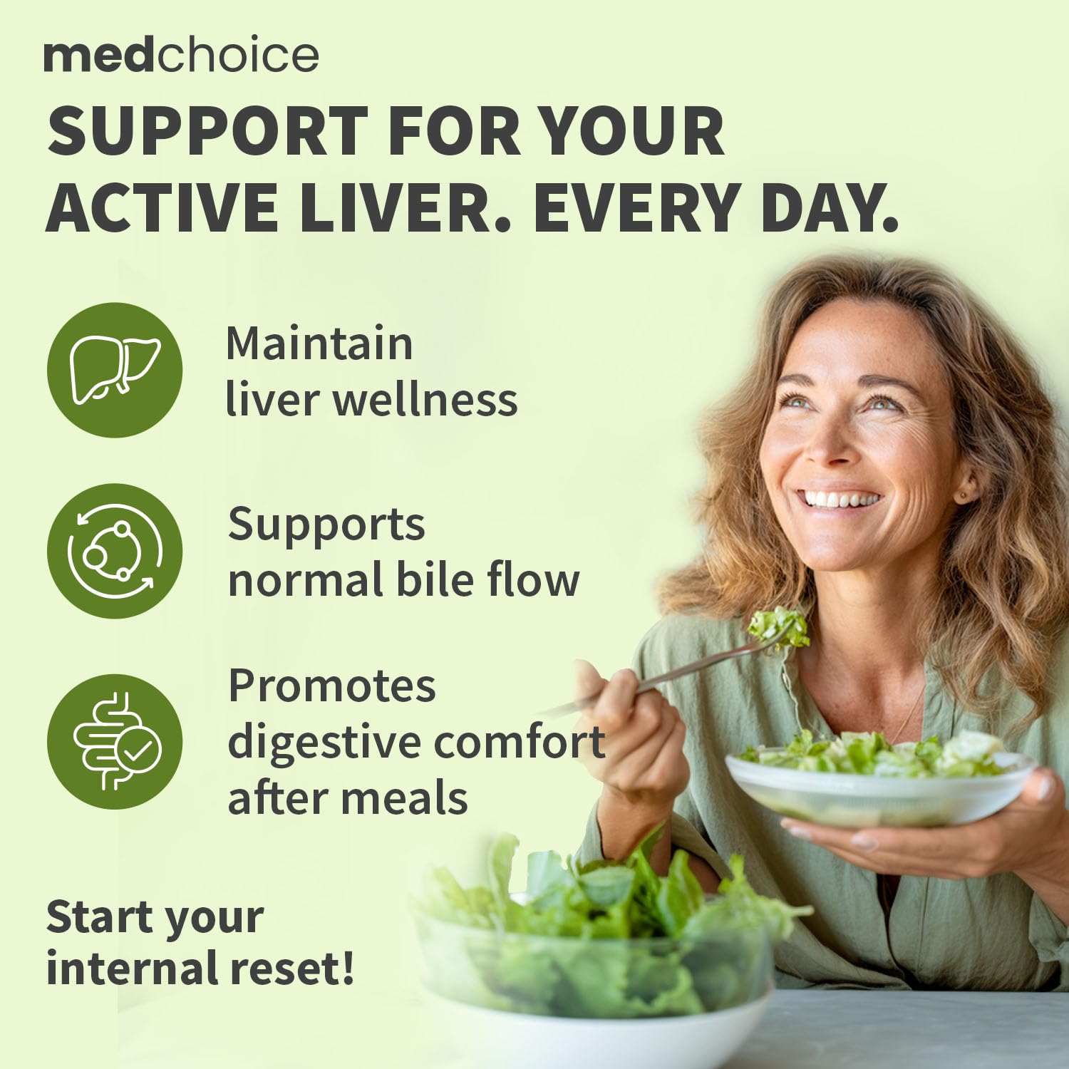 Beetroot imagery on MEDCHOICE bottle hints at bile flow balance.