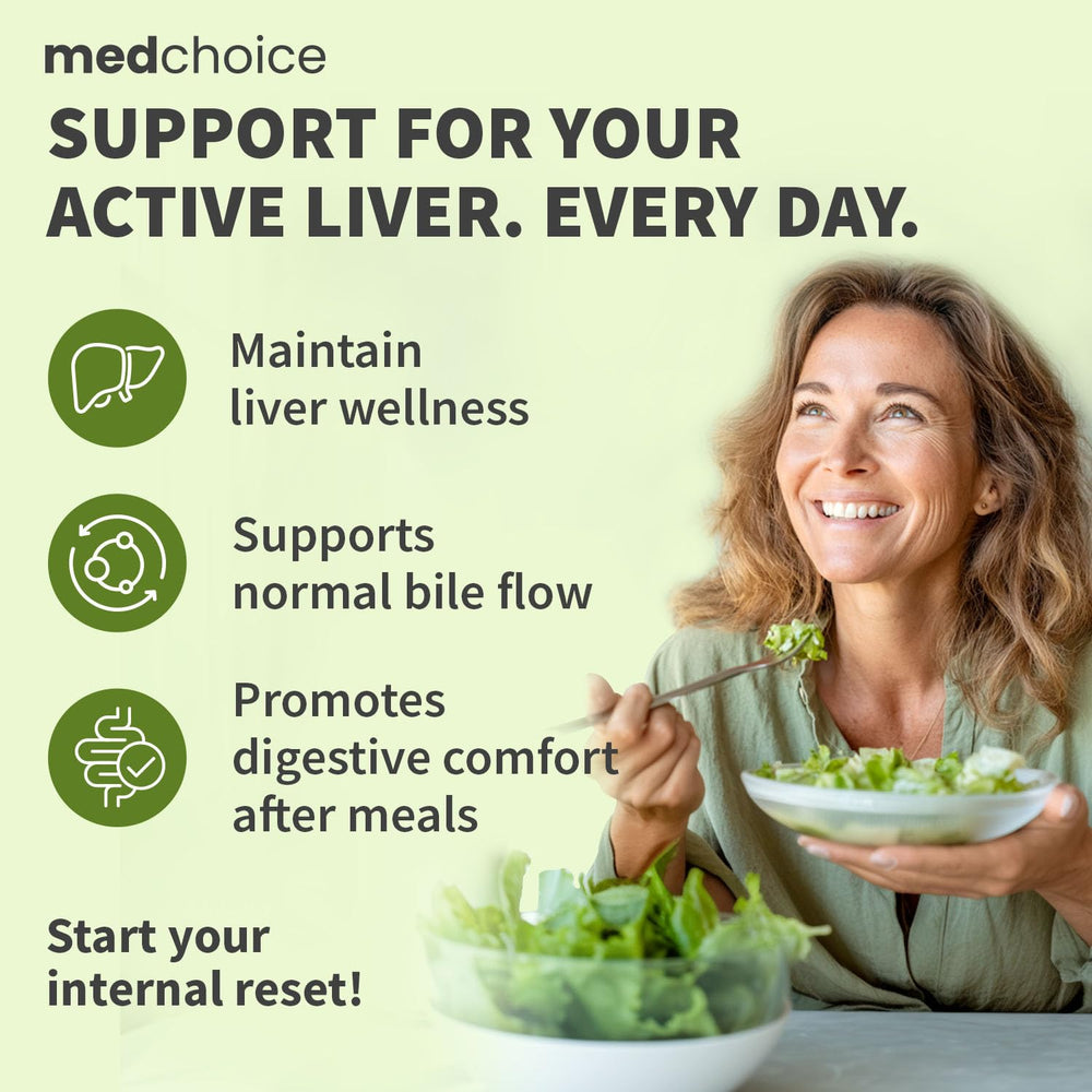 Beetroot imagery on MEDCHOICE bottle hints at bile flow balance.