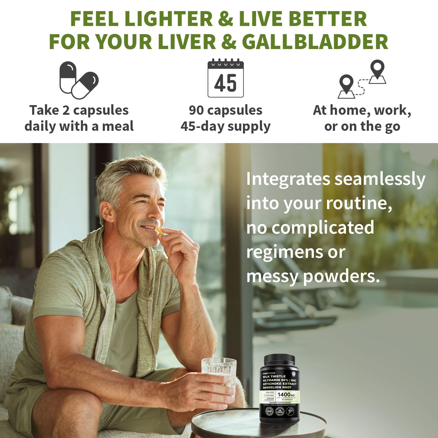 Capsules neatly arranged on white surface suggest easy daily dose routine.