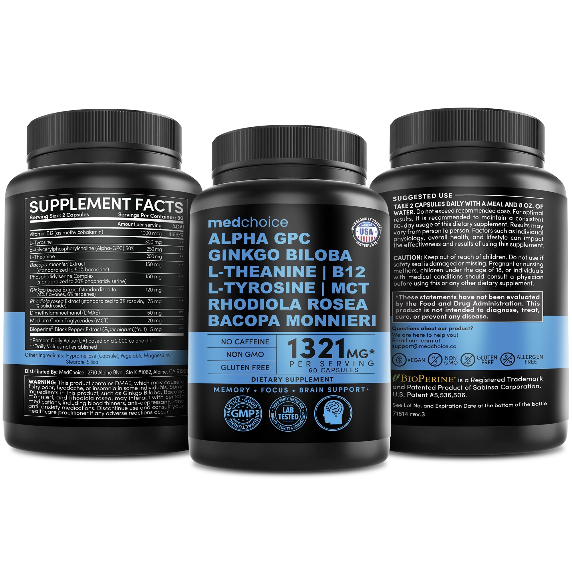 MEDCHOICE nutrition facts panel communicates 1321 mg blend per serving