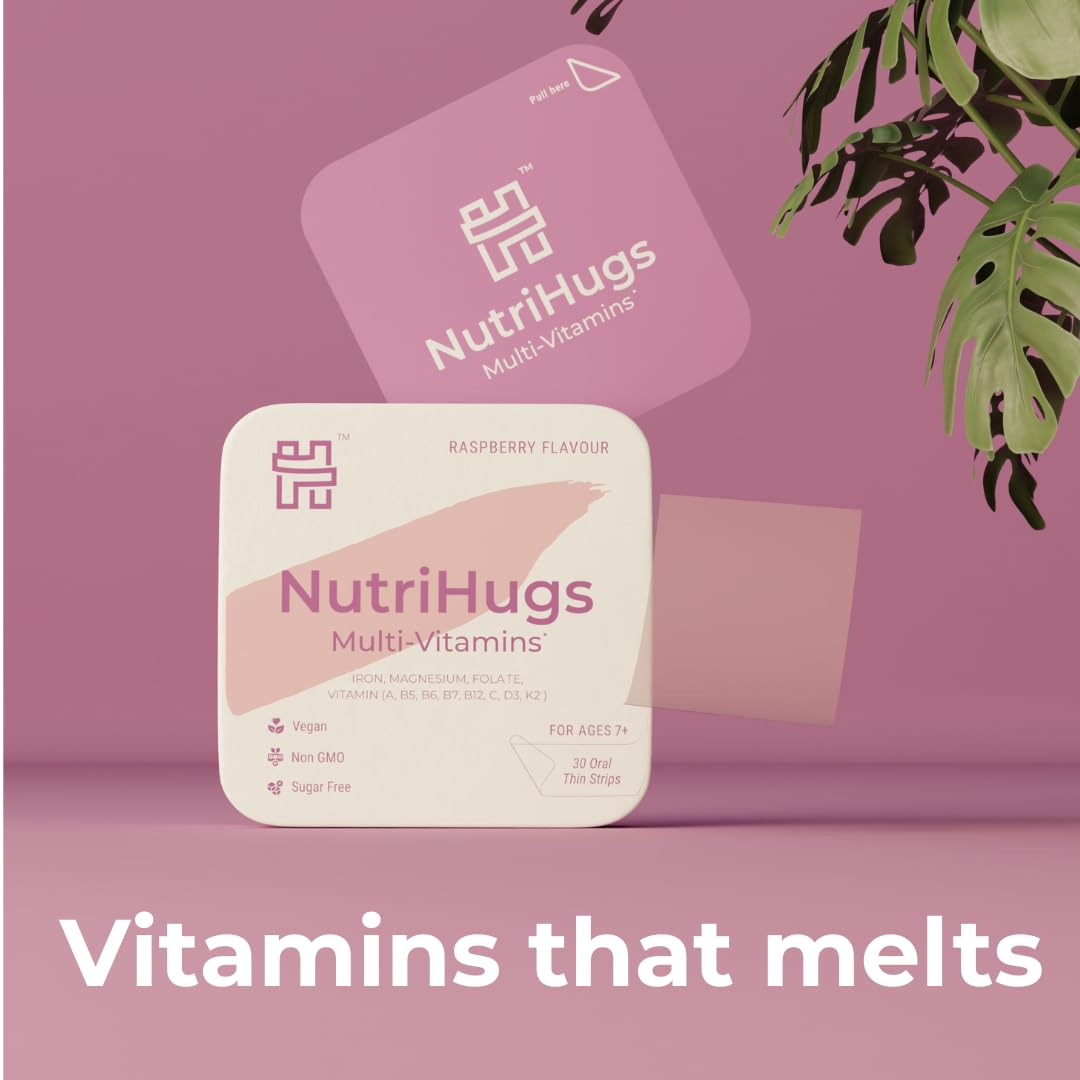 MedHugs NutriHugs daily strip closeup shows quick-dissolving formula for fast absorption.