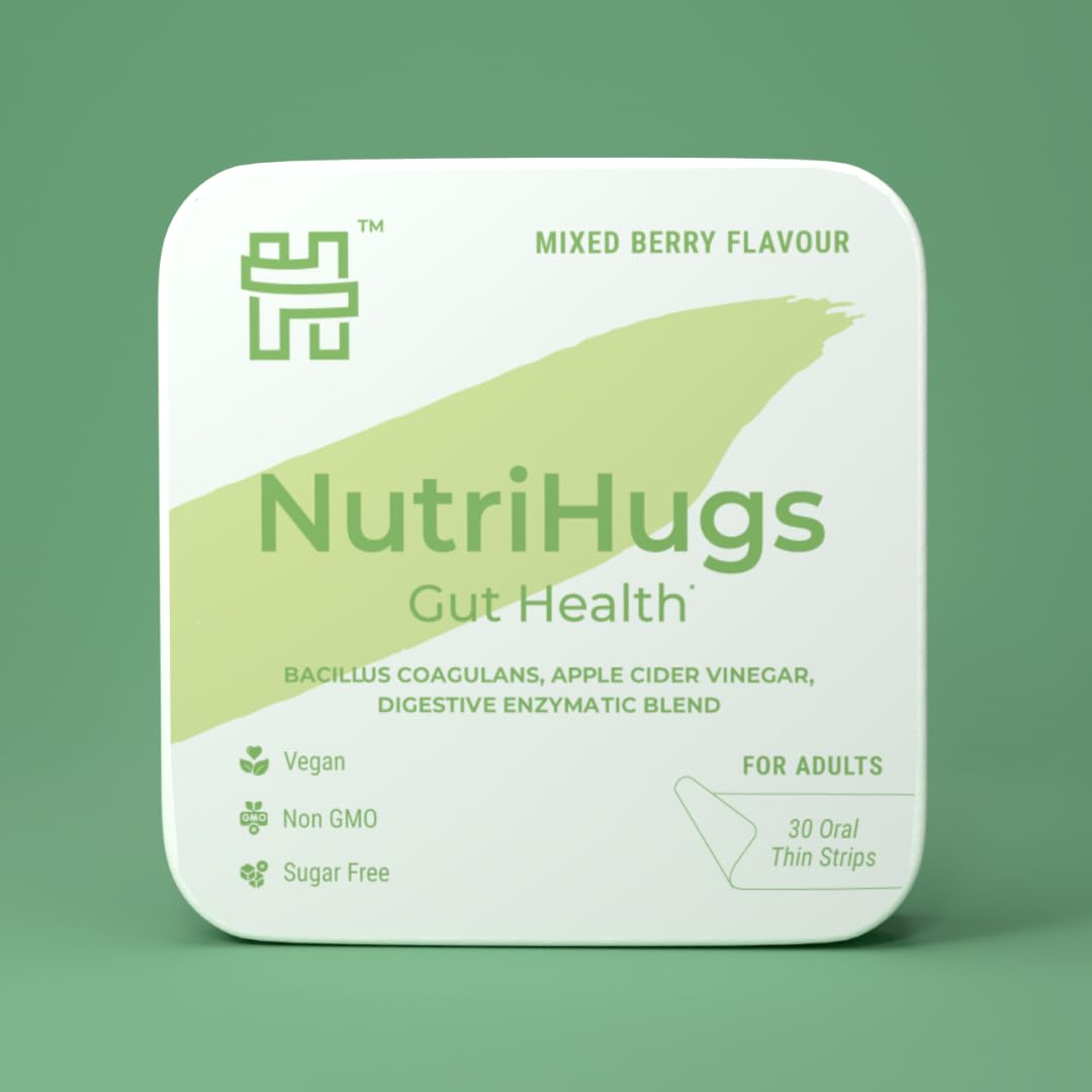 MedHugs NutriHugs gut health strip on tongue for quick, water-free use.