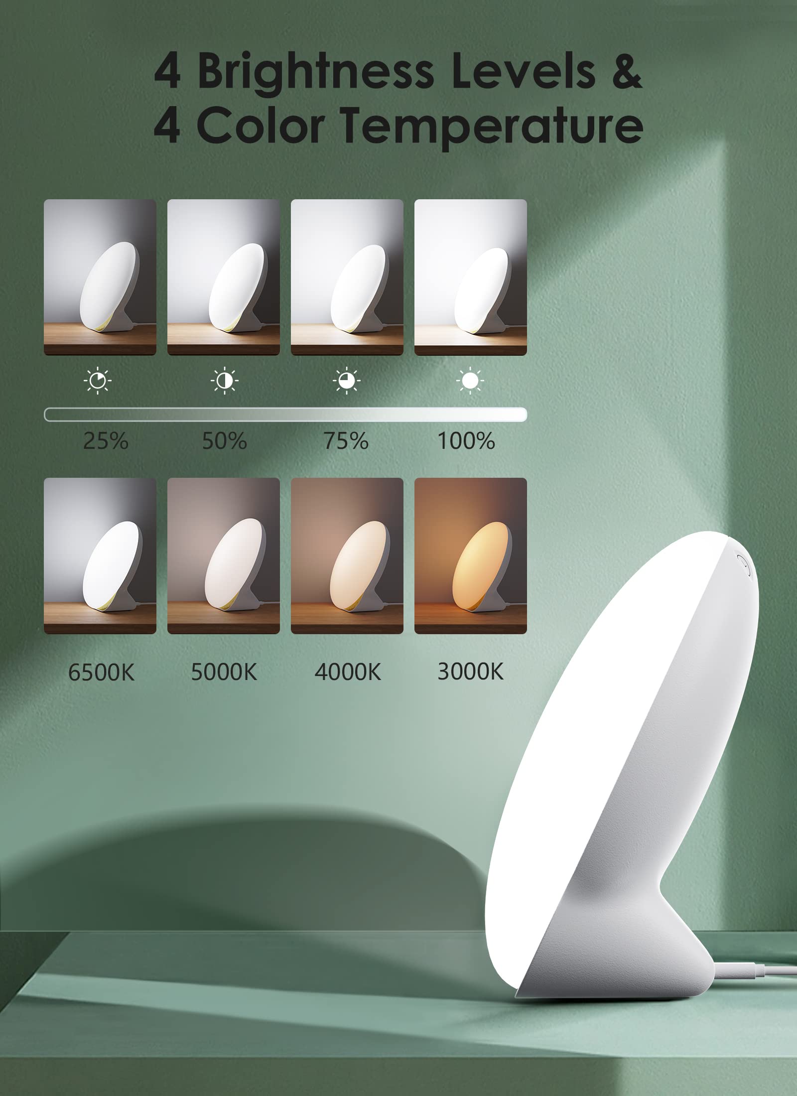 MediAcous light therapy lamp color temperature shows customizable daylight tones.