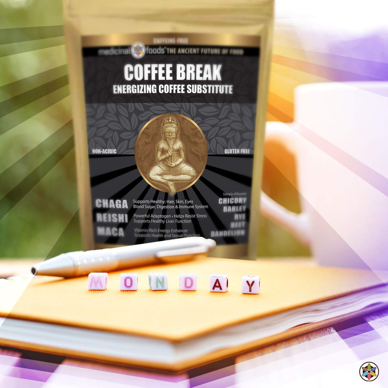 MEDICINAL FOODS Coffee Break on desk; convenient, quick preparation for hot or cold drinks.