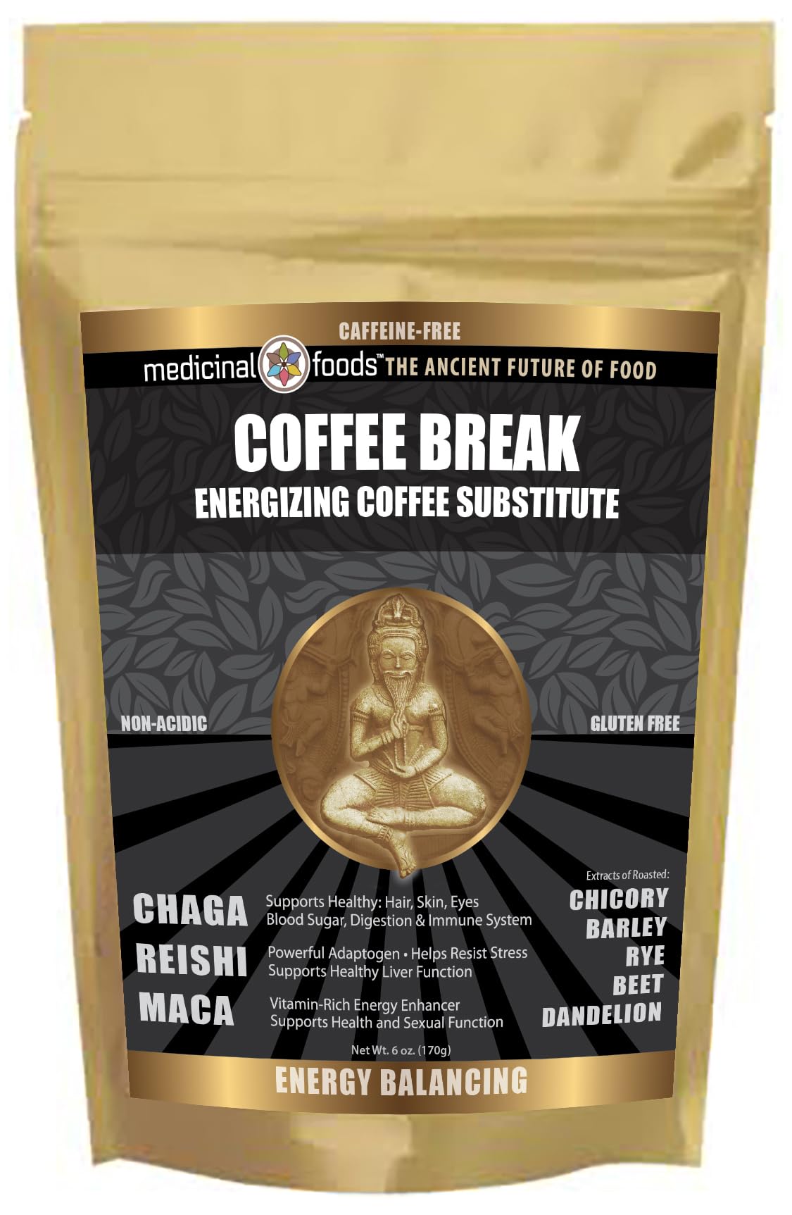MEDICINAL FOODS Coffee Break powder tub shown; caffeine-free energy from plant-based blend for daily refreshment.