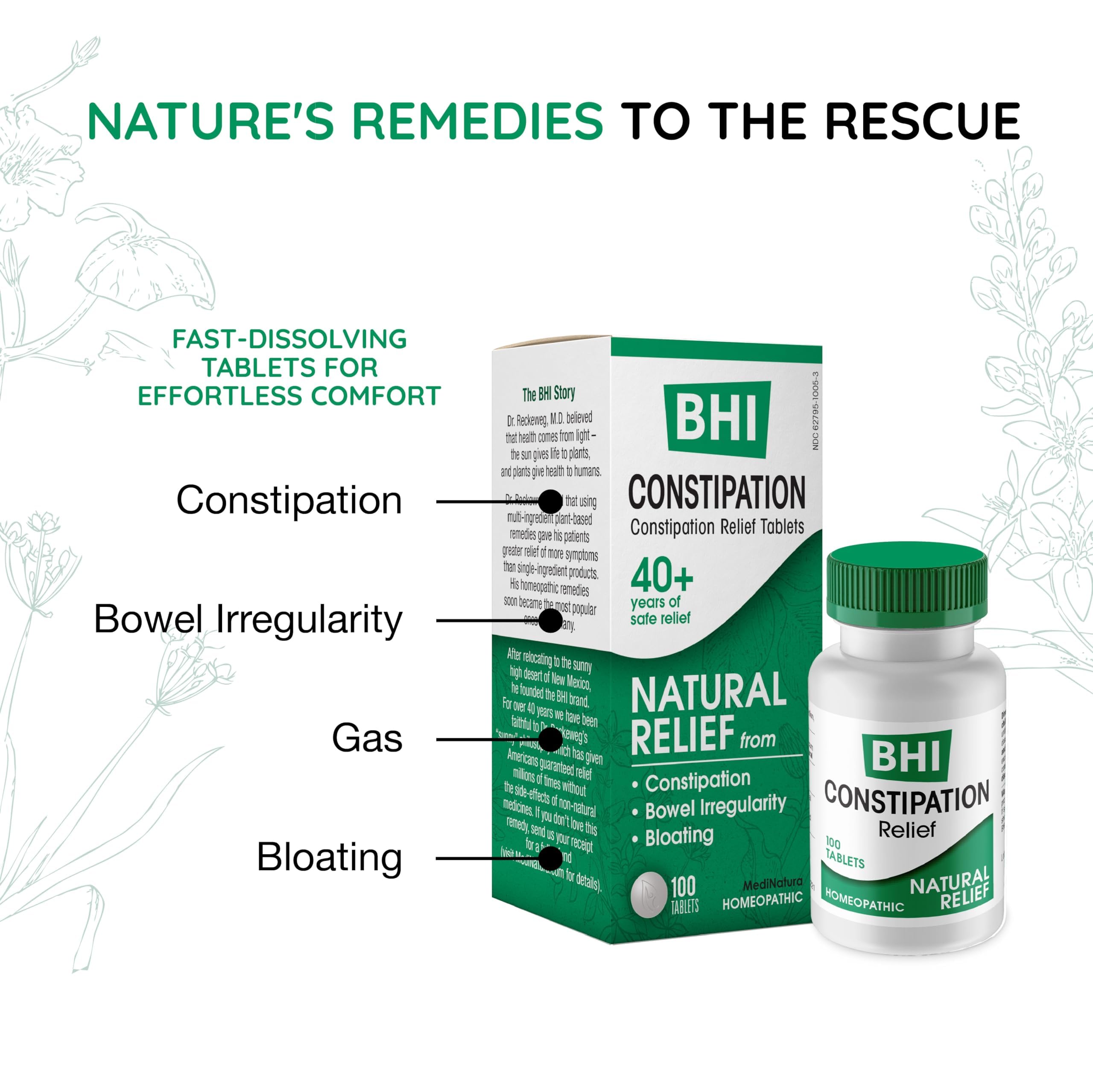 MediNatura BHI bottle label highlights plant-based actives for gentle relief