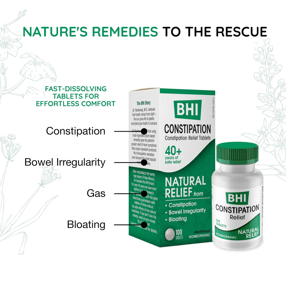 MediNatura BHI bottle label highlights plant-based actives for gentle relief