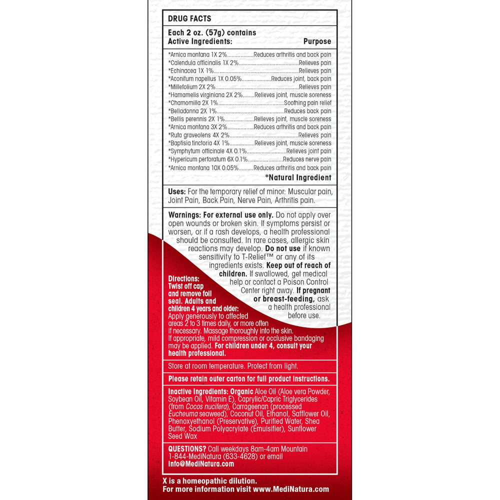 MediNatura T-Relief Arnica +12 Cream label showcasing plant-based formula