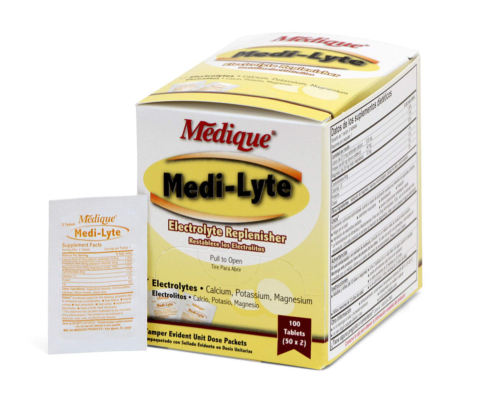 Medique Medi-Lyte tablets in a bottle close-up for quick hydration after heat exposure.