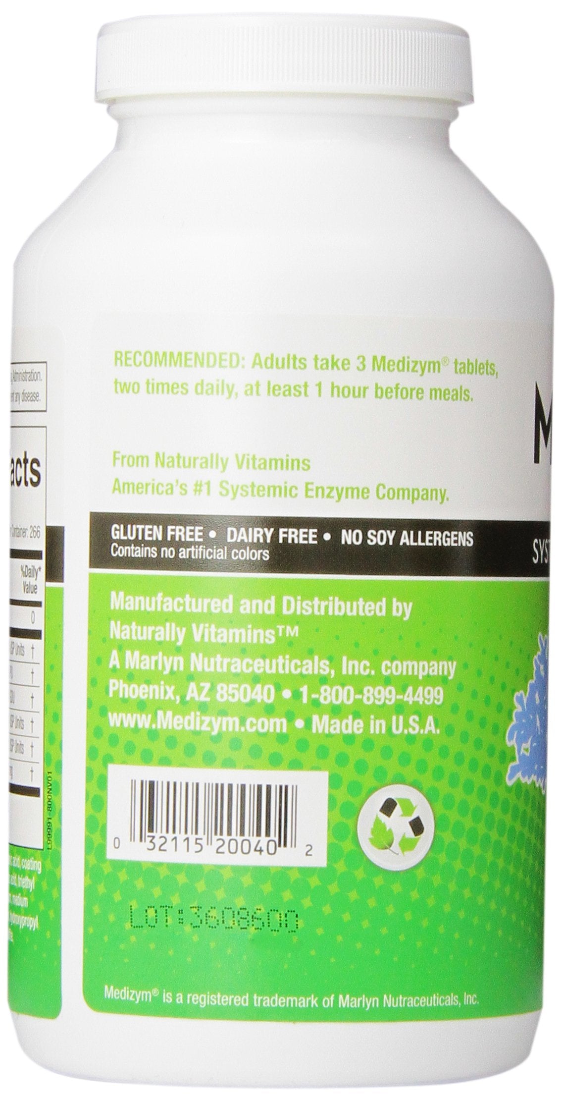 Medizym Naturally Vitamins ingredient panel shows enzyme blend for healthy digestion and immunity.
